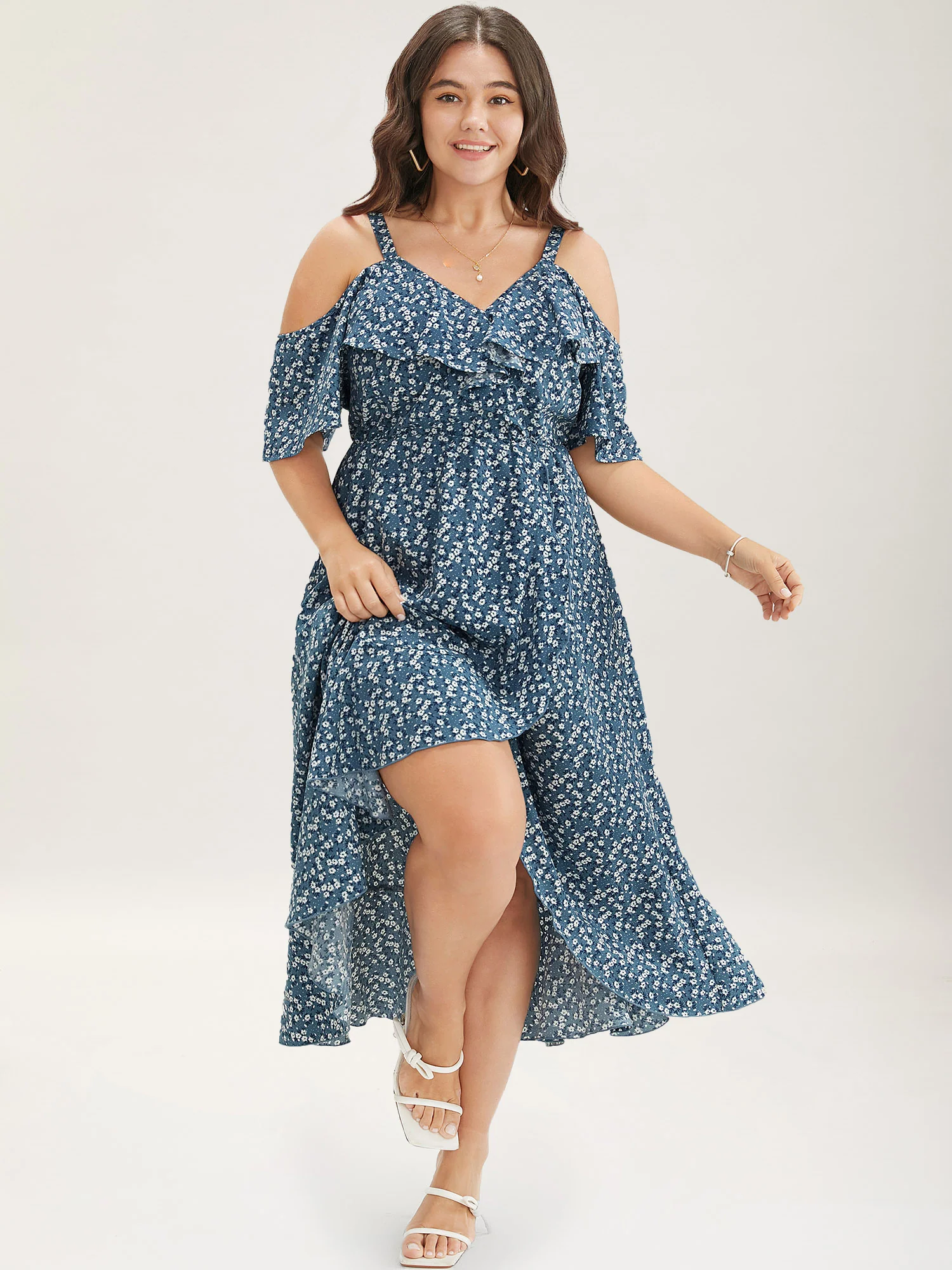 Ditsy Floral Pocket Wrap Cold Shoulder Ruffle Dress - Image 13