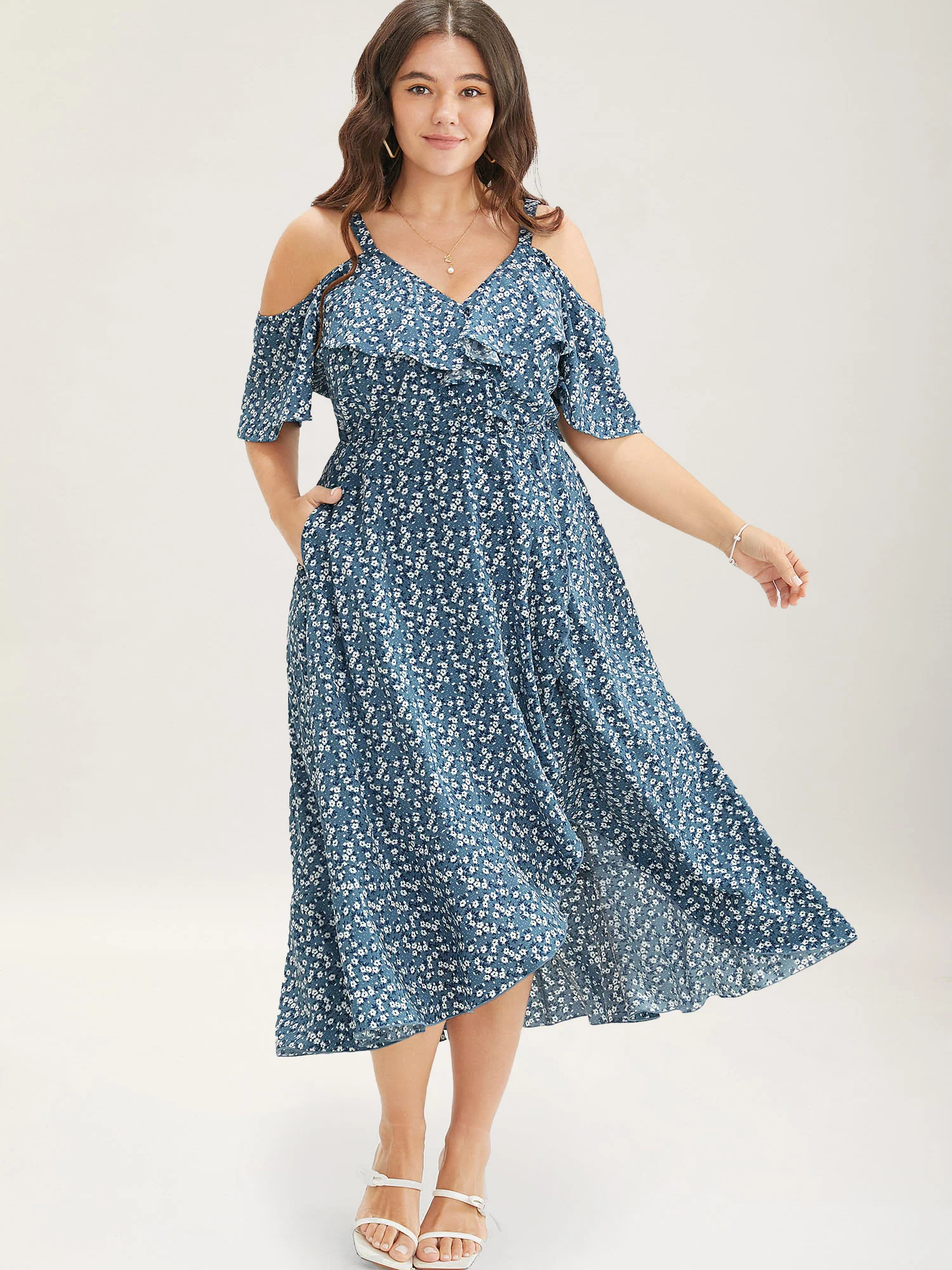 Ditsy Floral Pocket Wrap Cold Shoulder Ruffle Dress - Image 14