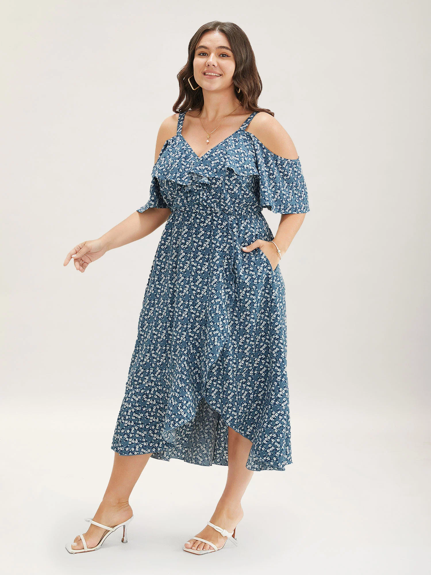 Ditsy Floral Pocket Wrap Cold Shoulder Ruffle Dress - Image 16