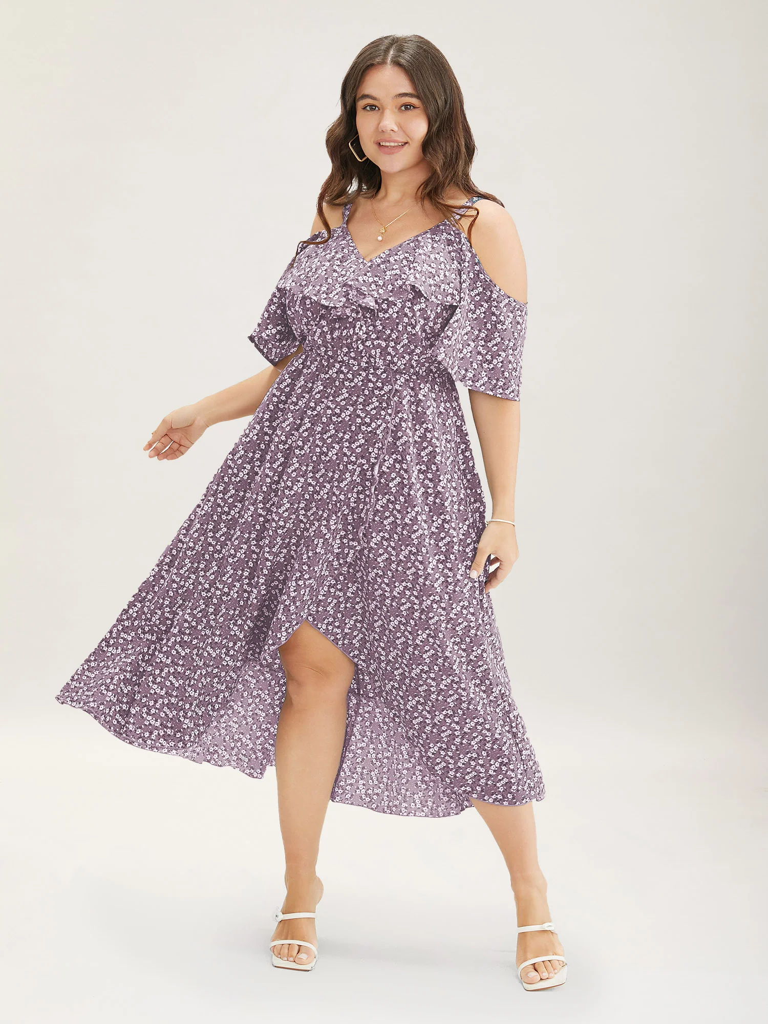 Ditsy Floral Pocket Wrap Cold Shoulder Ruffle Dress - Image 2