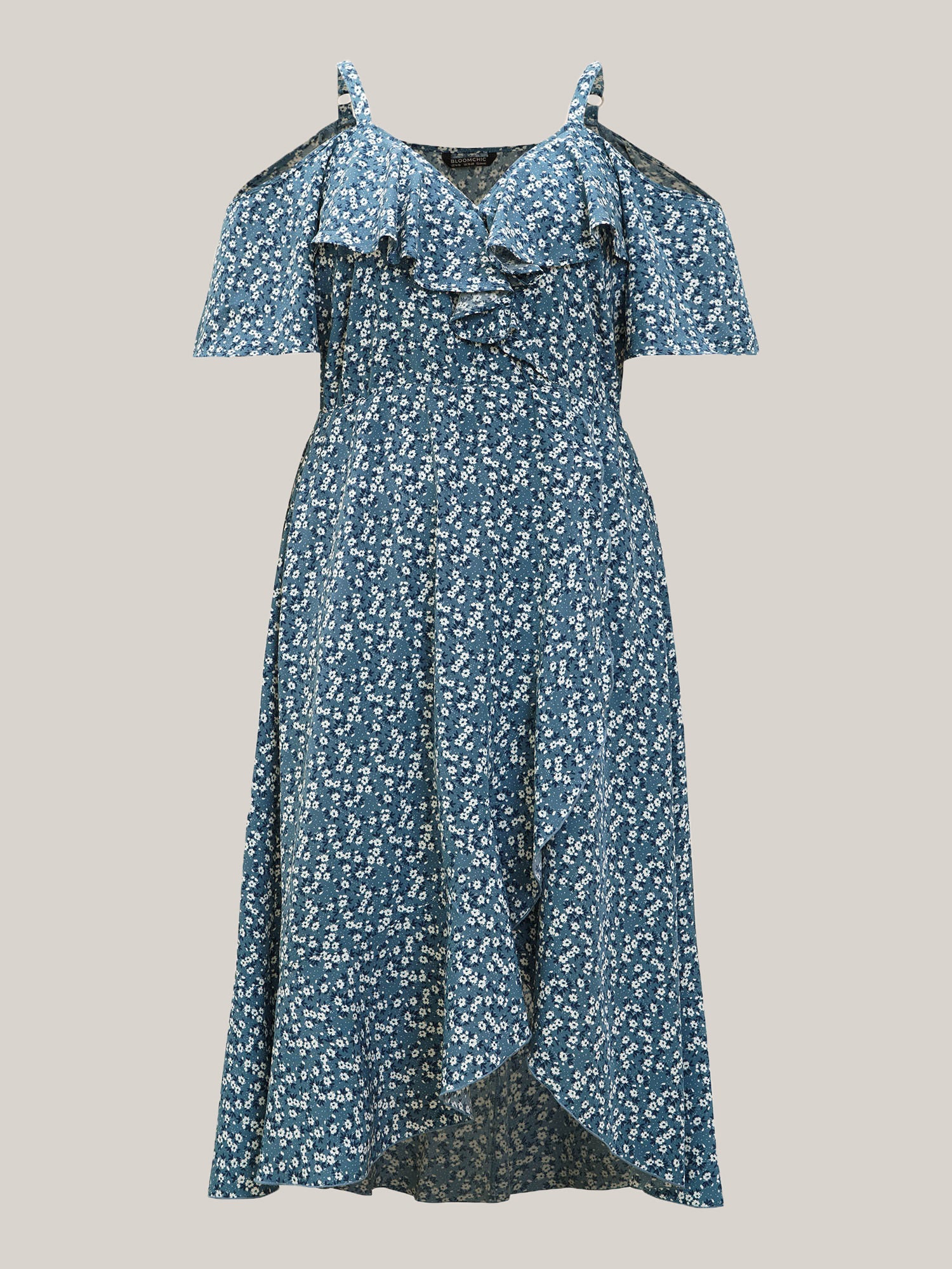 Ditsy Floral Pocket Wrap Cold Shoulder Ruffle Dress - Image 22