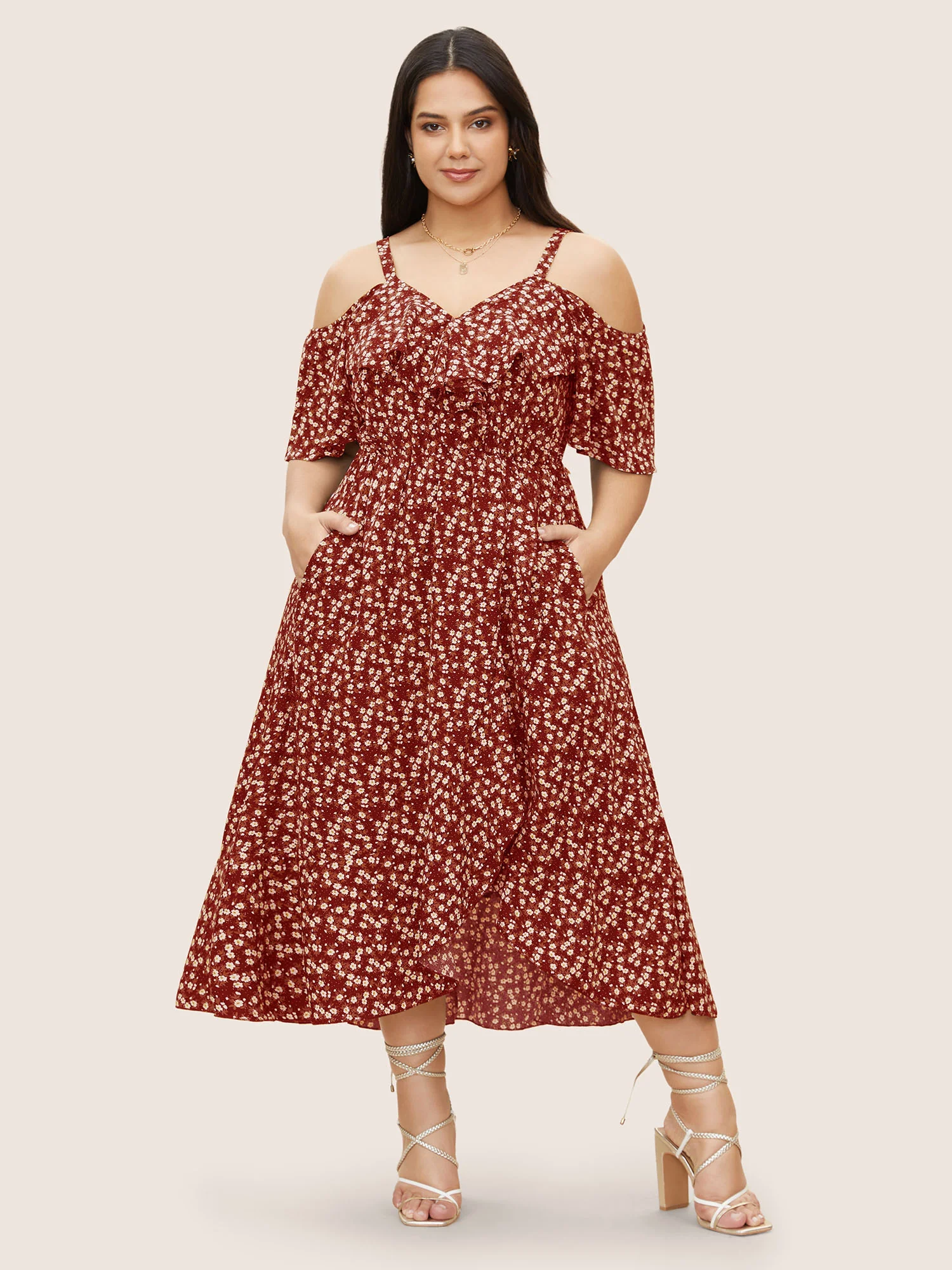 Ditsy Floral Pocket Wrap Cold Shoulder Ruffle Dress - Image 23
