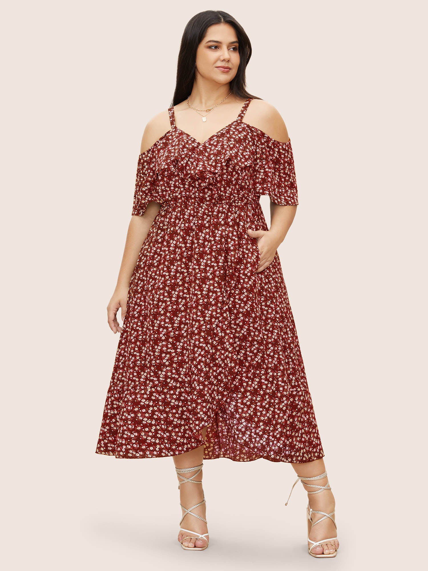 Ditsy Floral Pocket Wrap Cold Shoulder Ruffle Dress - Image 24