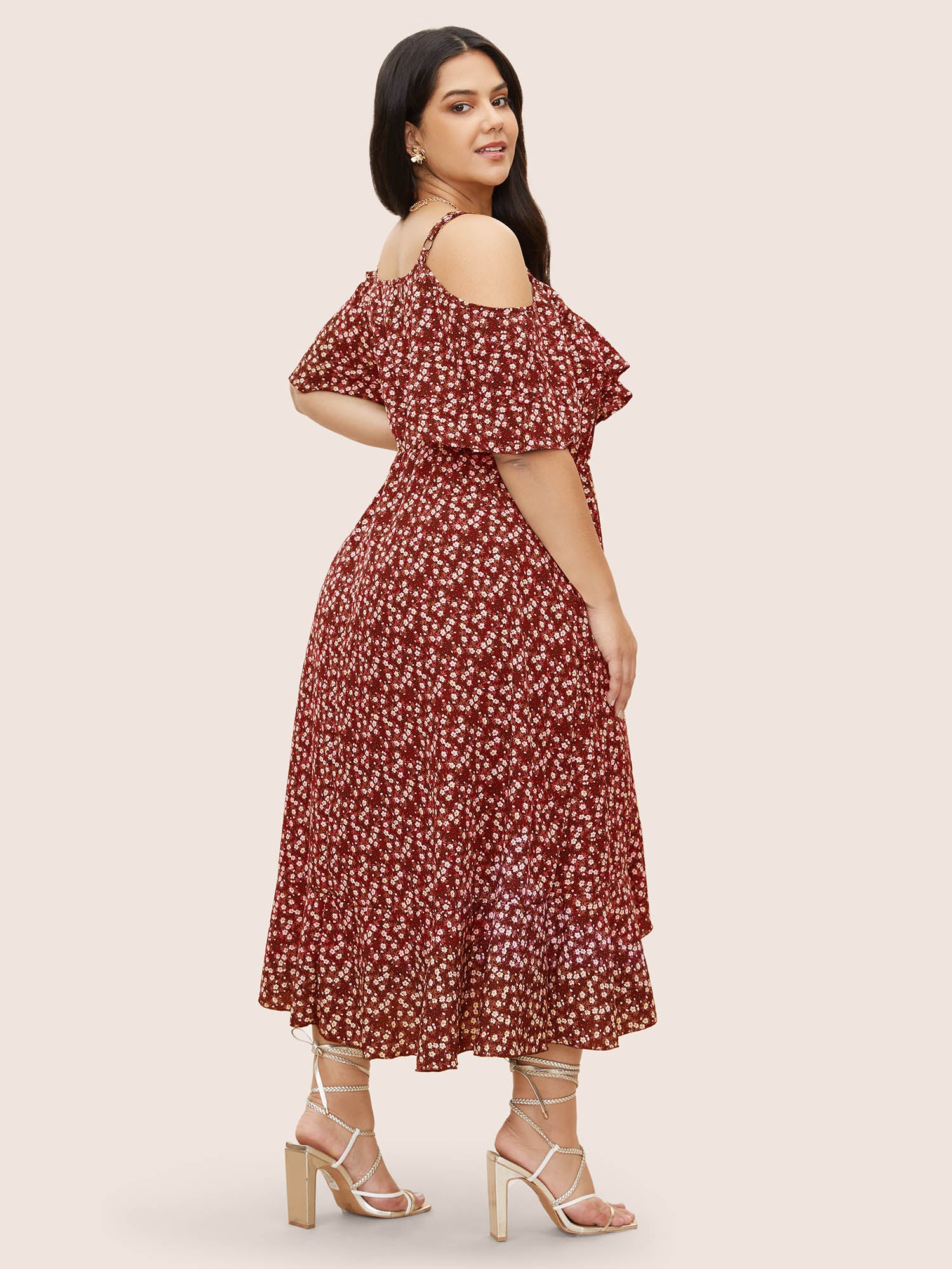 Ditsy Floral Pocket Wrap Cold Shoulder Ruffle Dress - Image 25