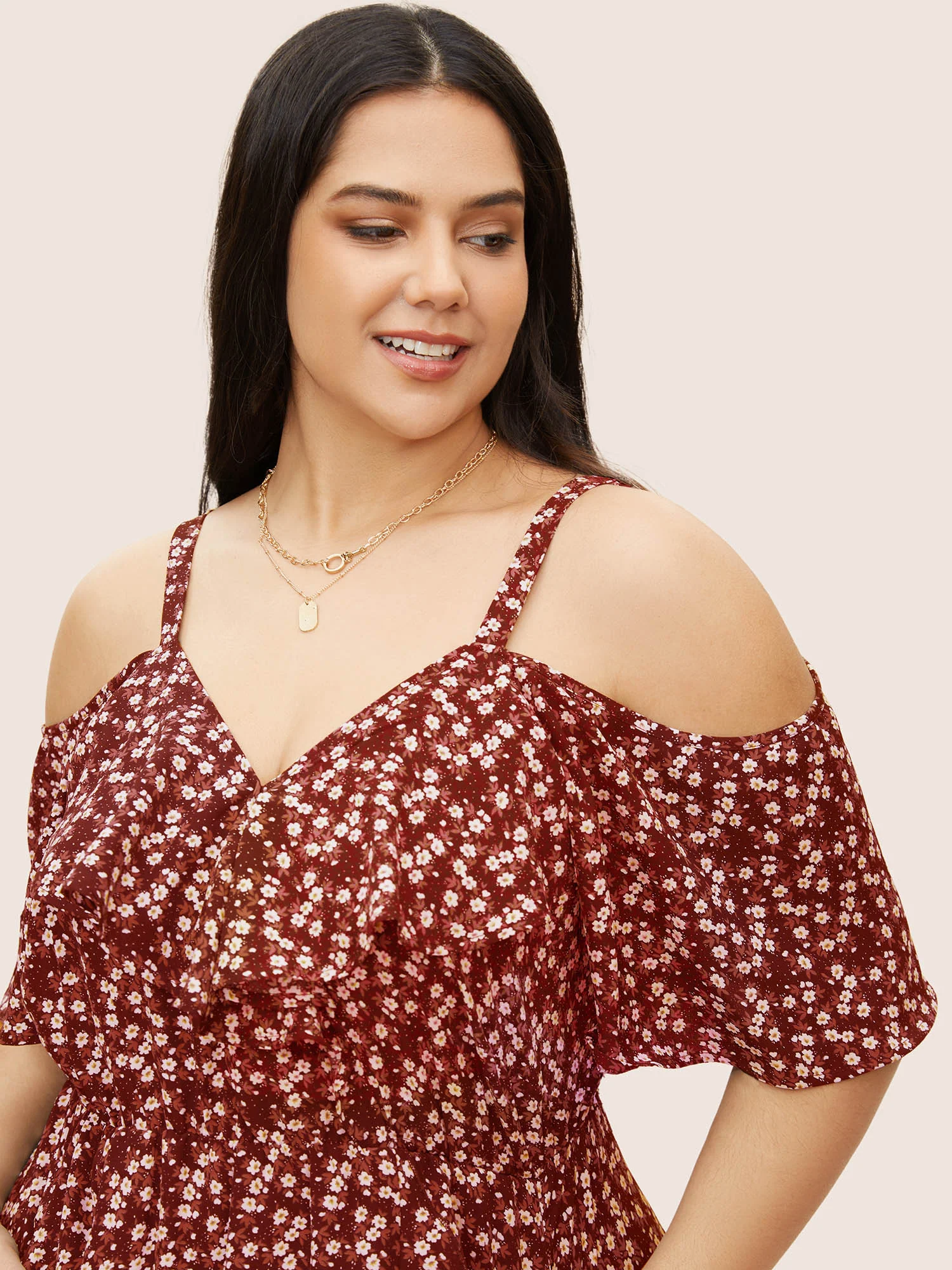 Ditsy Floral Pocket Wrap Cold Shoulder Ruffle Dress - Image 26