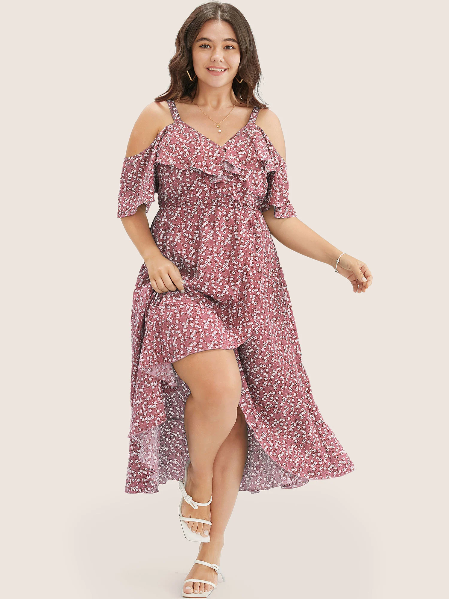 Ditsy Floral Pocket Wrap Cold Shoulder Ruffle Dress - Image 27