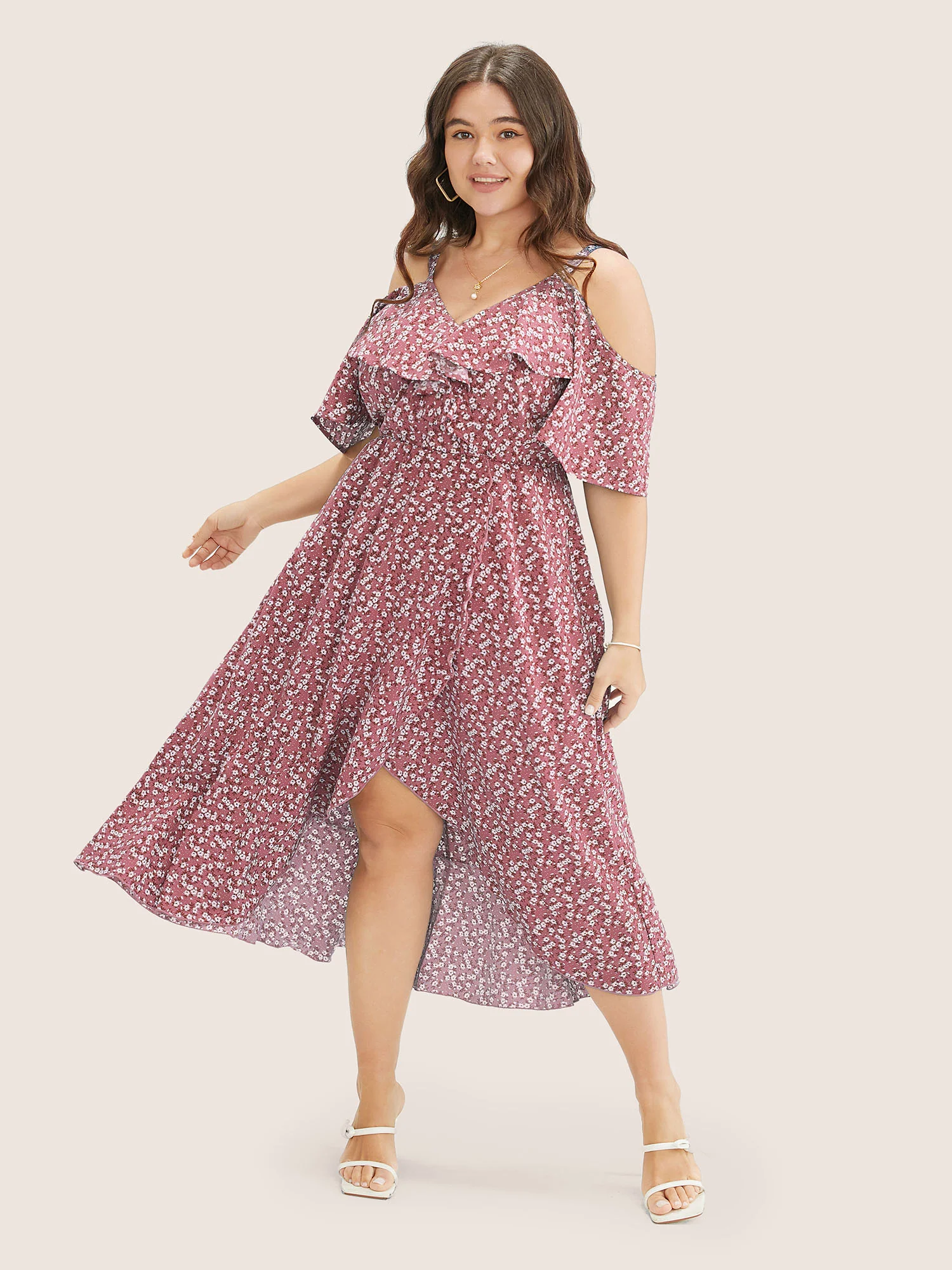 Ditsy Floral Pocket Wrap Cold Shoulder Ruffle Dress - Image 28
