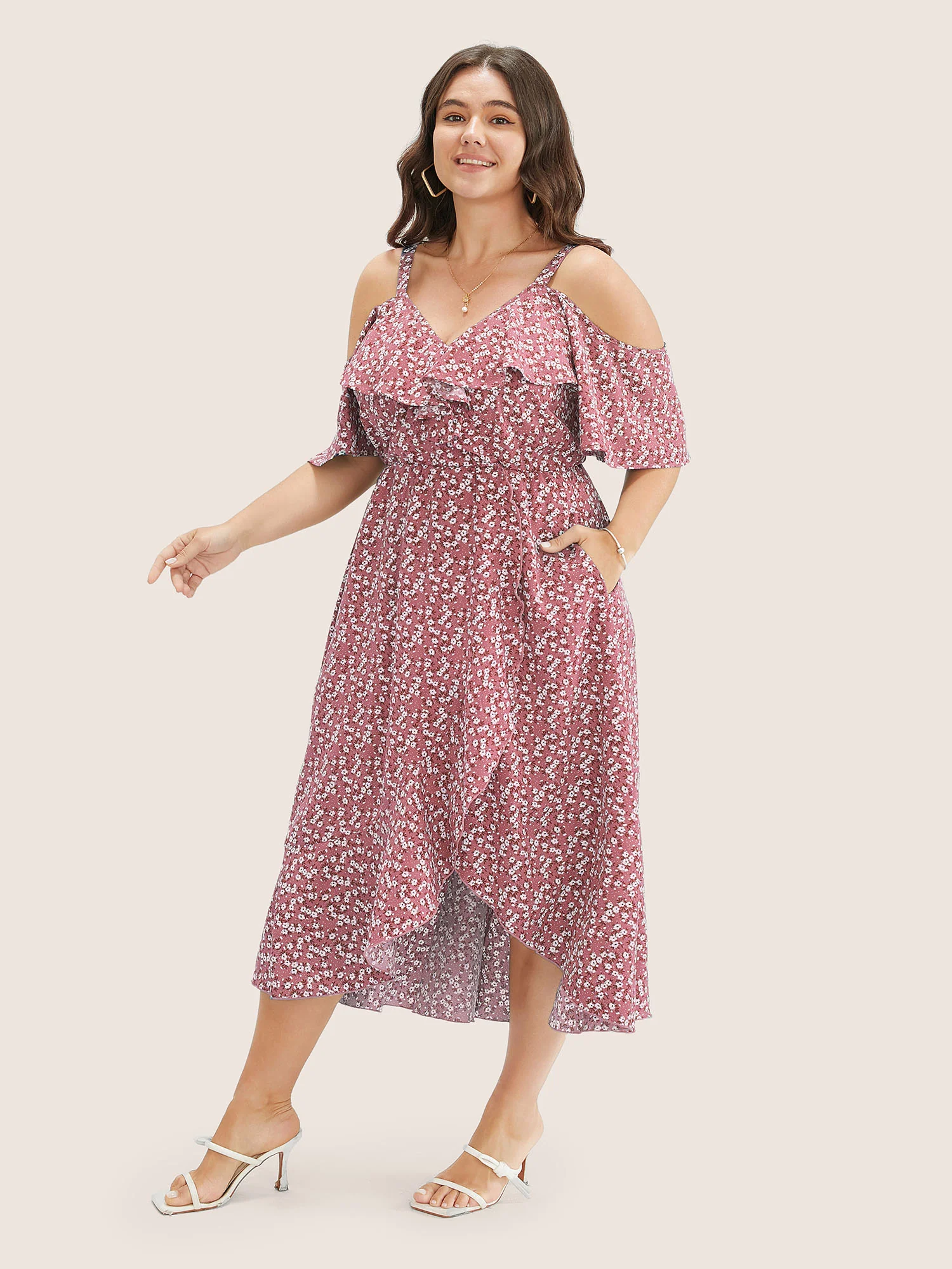 Ditsy Floral Pocket Wrap Cold Shoulder Ruffle Dress - Image 29