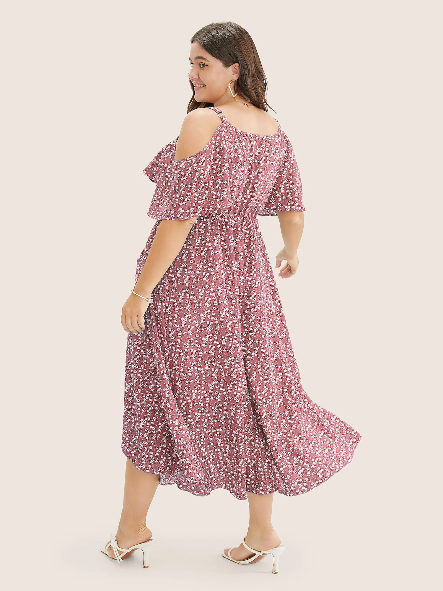 Ditsy Floral Pocket Wrap Cold Shoulder Ruffle Dress - Image 30
