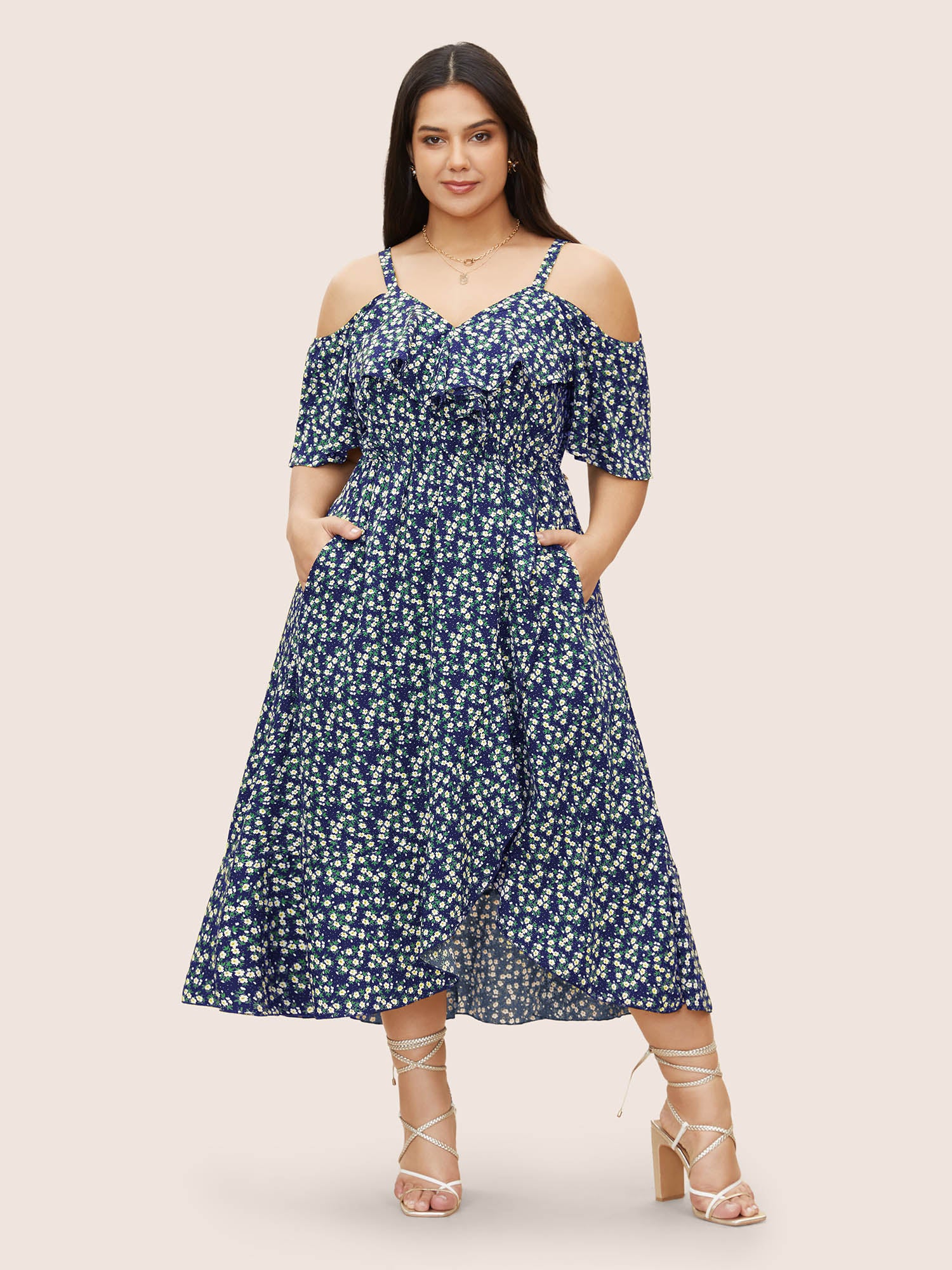 Ditsy Floral Pocket Wrap Cold Shoulder Ruffle Dress - Image 31