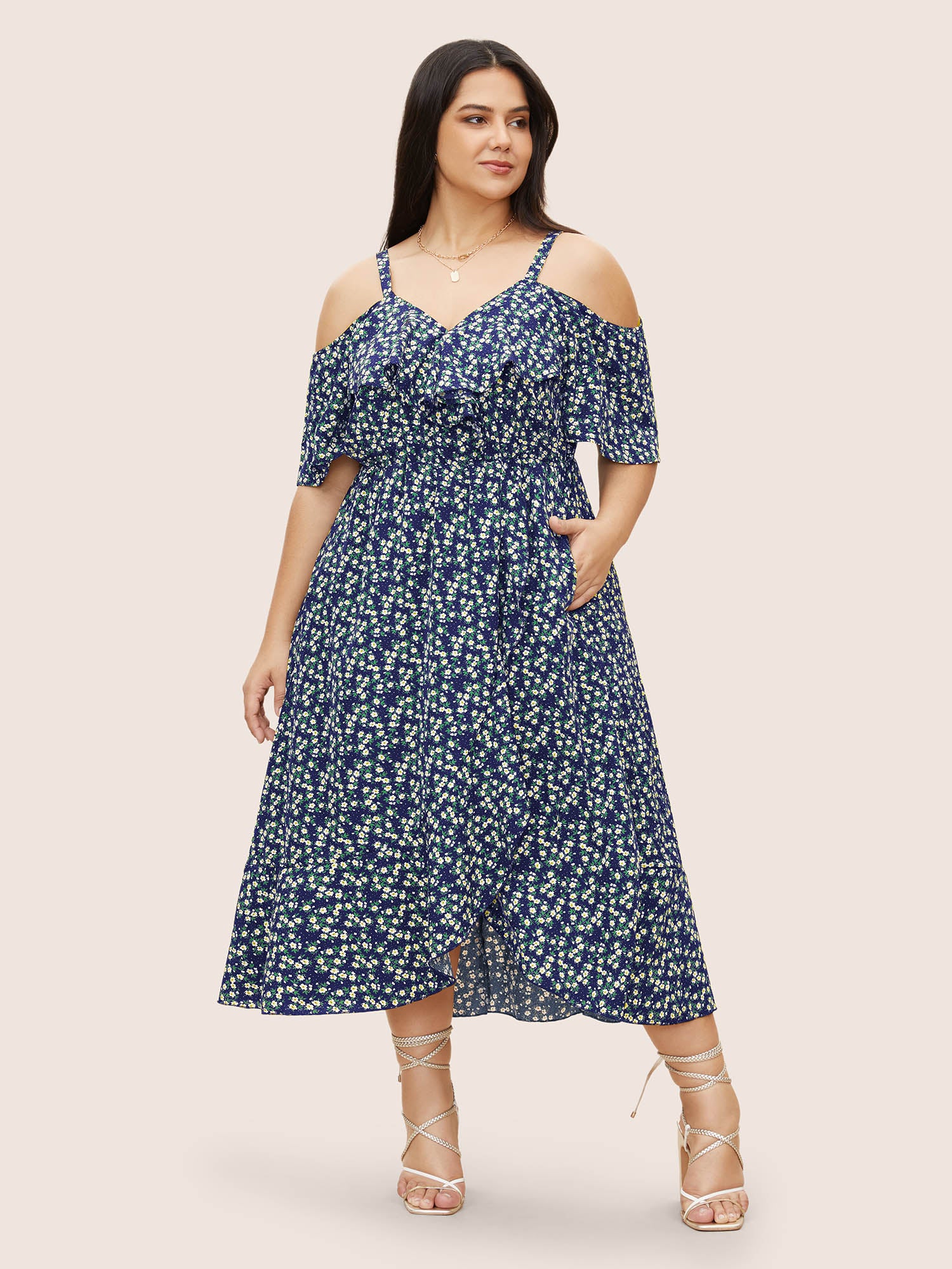Ditsy Floral Pocket Wrap Cold Shoulder Ruffle Dress - Image 32