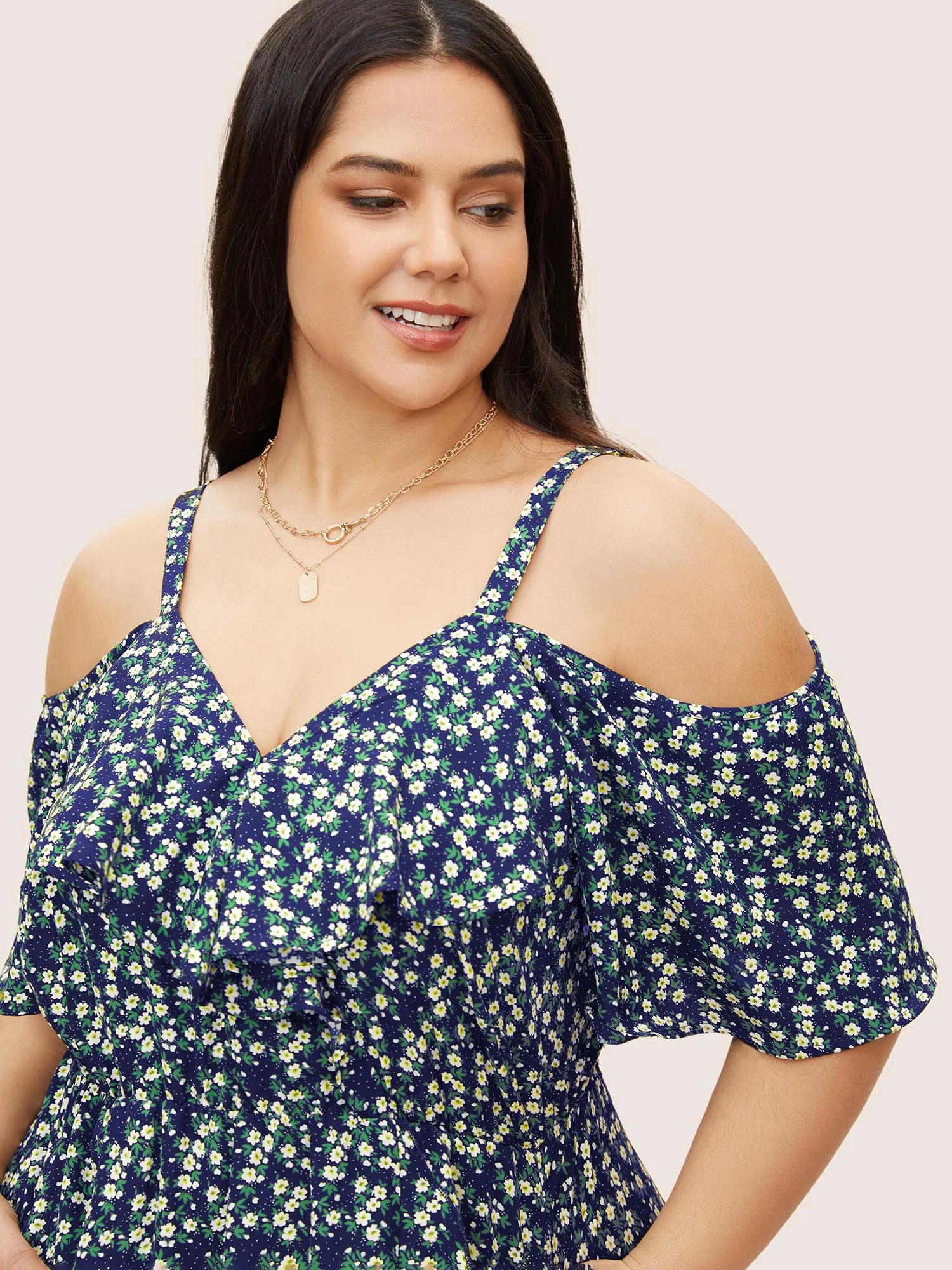 Ditsy Floral Pocket Wrap Cold Shoulder Ruffle Dress - Image 33