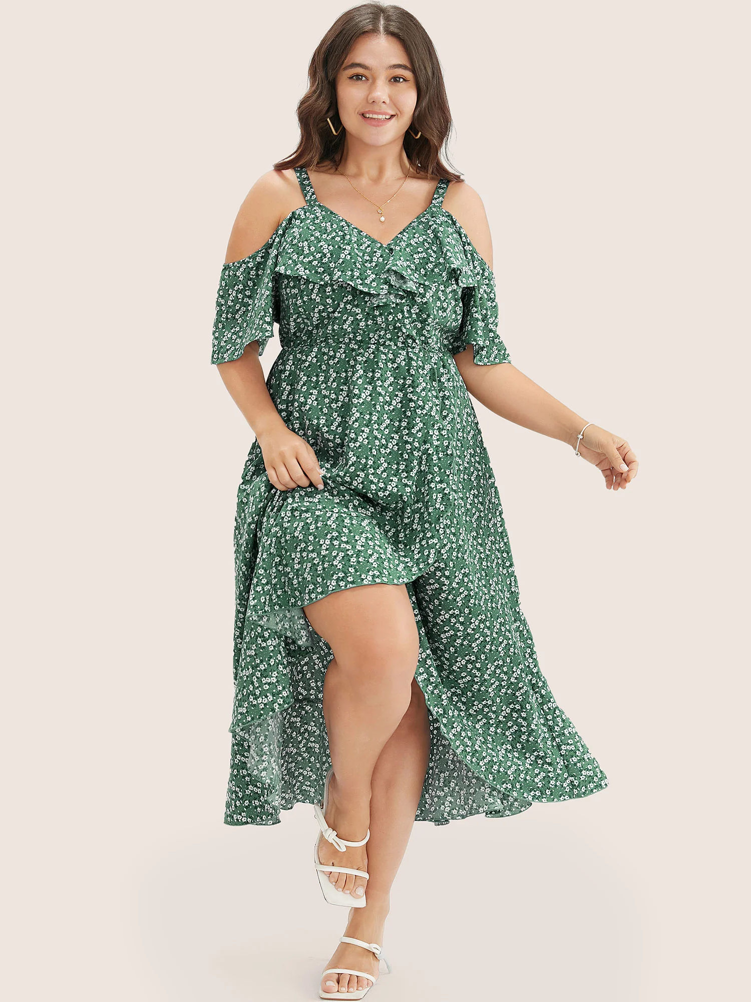 Ditsy Floral Pocket Wrap Cold Shoulder Ruffle Dress - Image 9