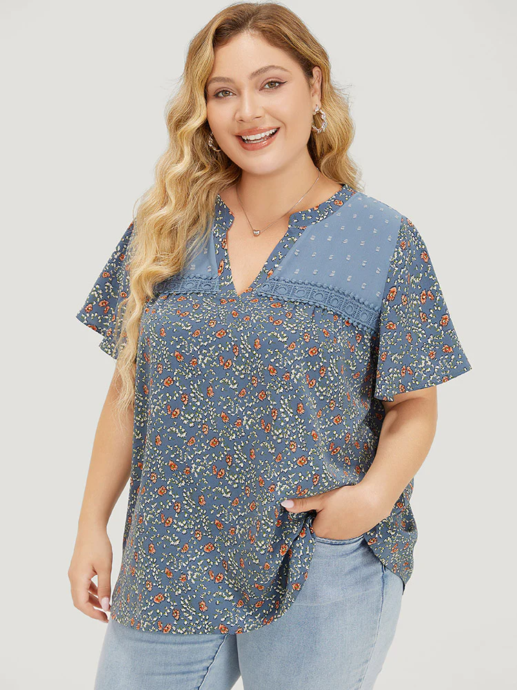 Ditsy Floral & Polka Dot Lace Notched Neck Blouse - Image 2