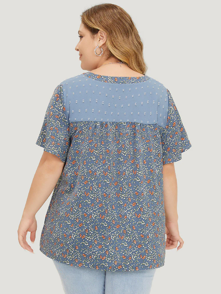 Ditsy Floral & Polka Dot Lace Notched Neck Blouse - Image 3