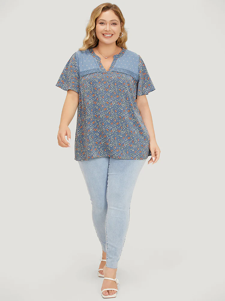 Ditsy Floral & Polka Dot Lace Notched Neck Blouse - Image 4