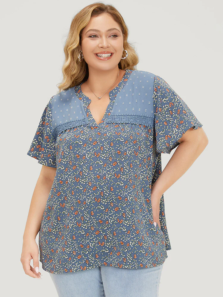 Ditsy Floral & Polka Dot Lace Notched Neck Blouse - Image 5