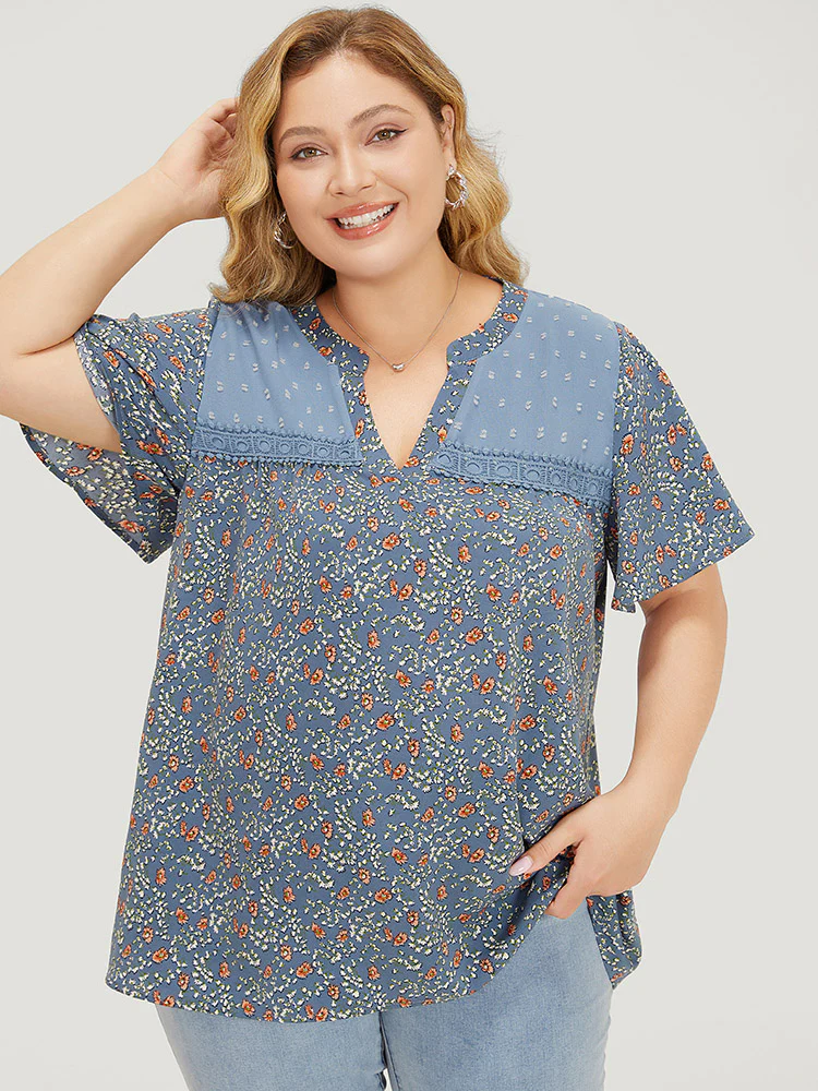 Ditsy Floral & Polka Dot Lace Notched Neck Blouse - Image 6