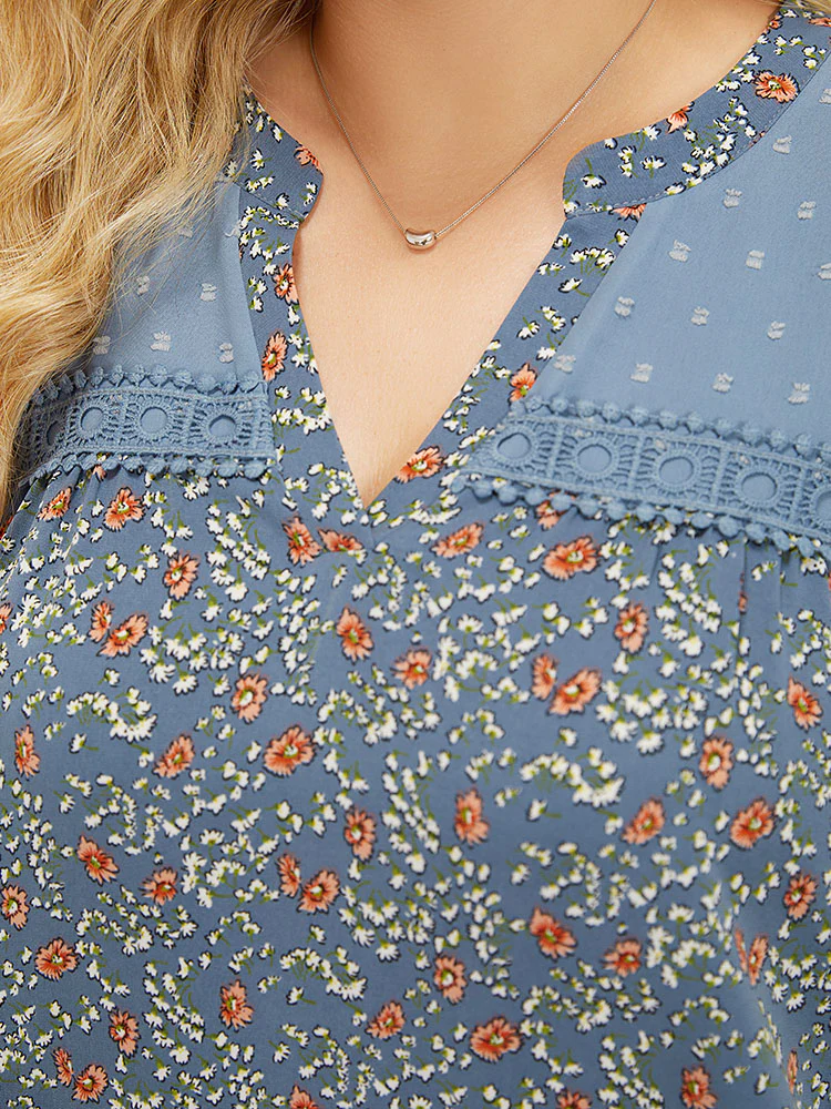 Ditsy Floral & Polka Dot Lace Notched Neck Blouse - Image 7