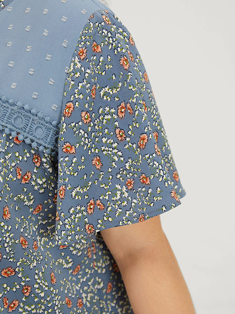 Ditsy Floral & Polka Dot Lace Notched Neck Blouse - Image 8