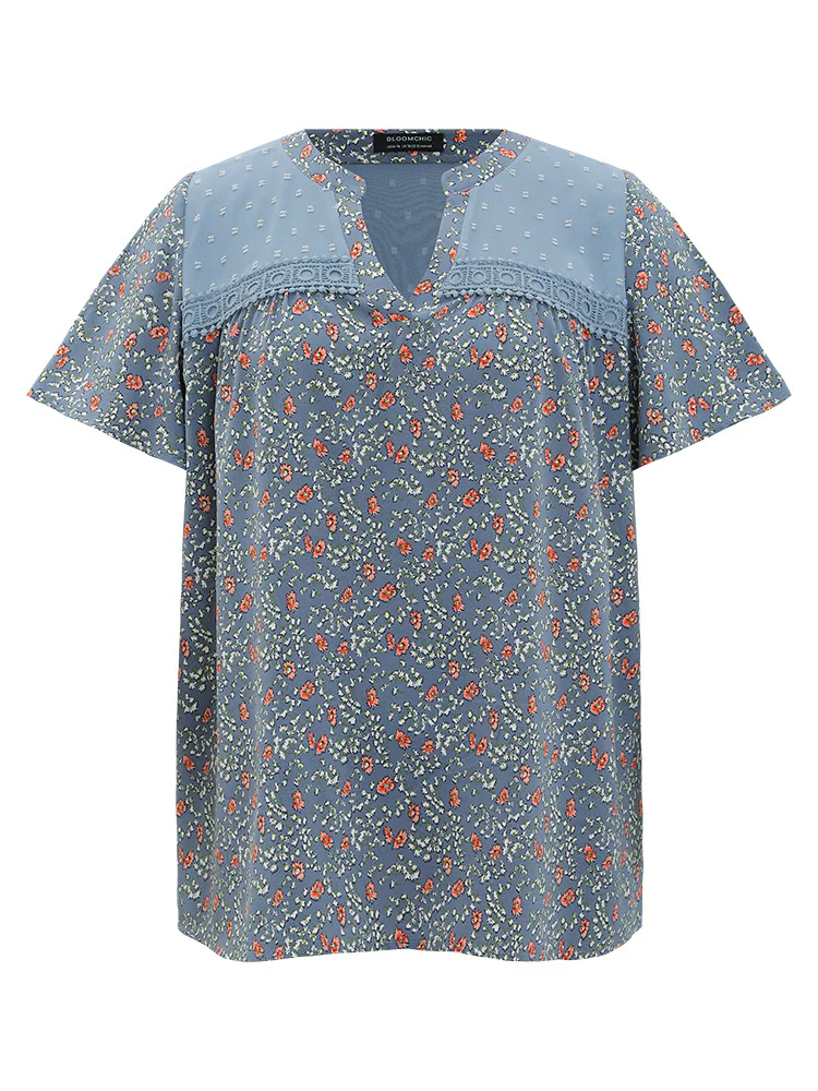 Ditsy Floral & Polka Dot Lace Notched Neck Blouse - Image 9