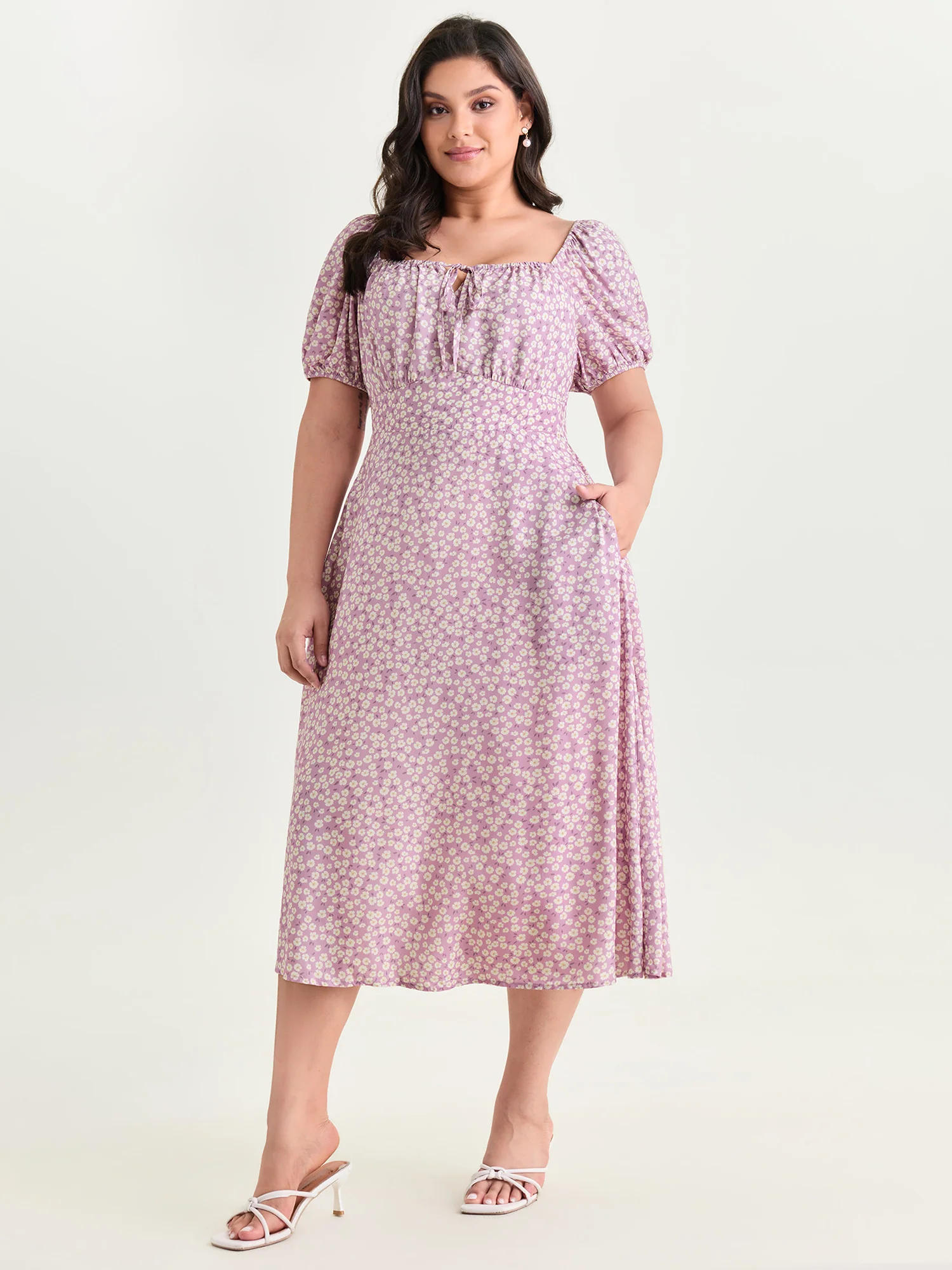 Ditsy Floral Print Cinched Waist Midi Dress - Image 3