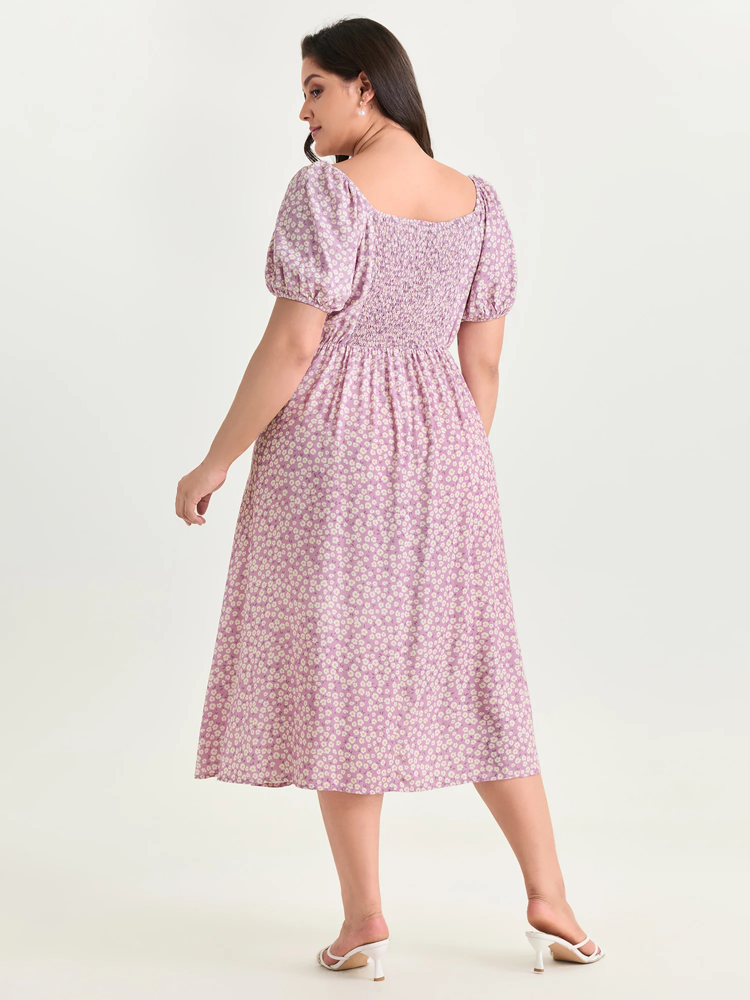 Ditsy Floral Print Cinched Waist Midi Dress - Image 4