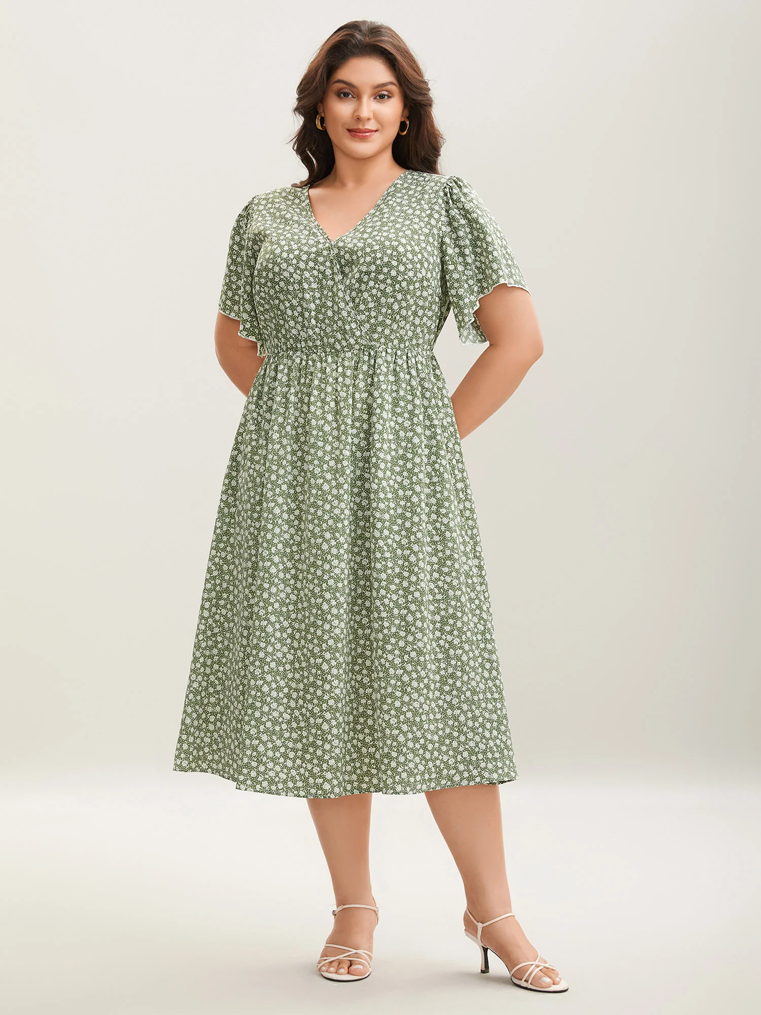 Ditsy Floral Print Flared Sleeve Midi Dress - Image 3