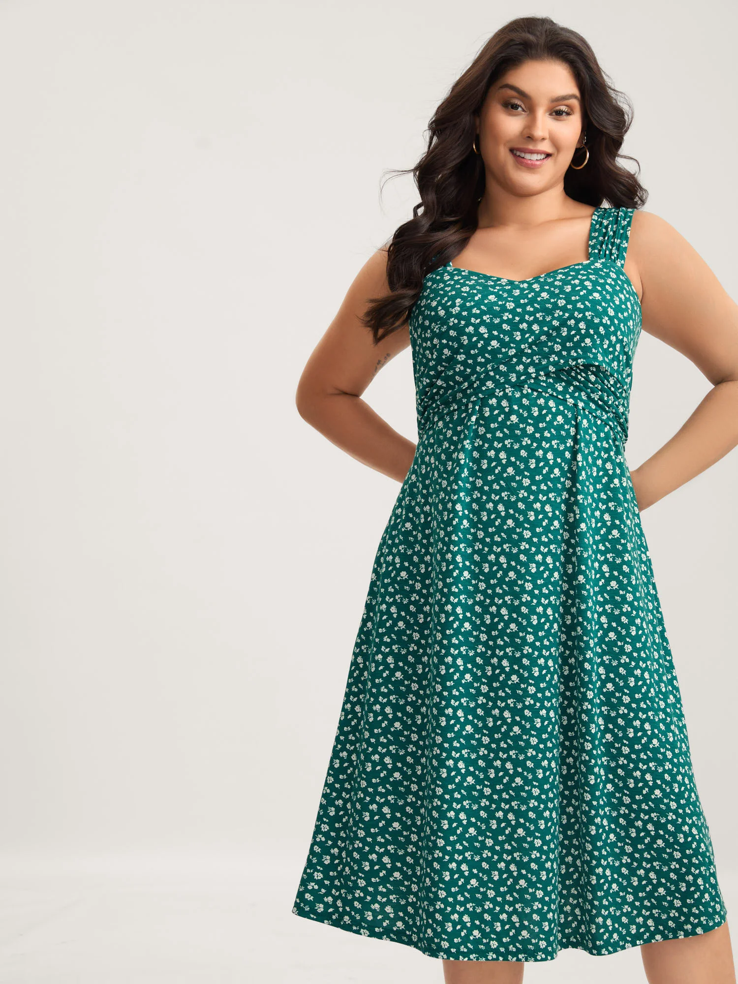 Ditsy Floral Print Knit Pockets Midi Dress - Image 2
