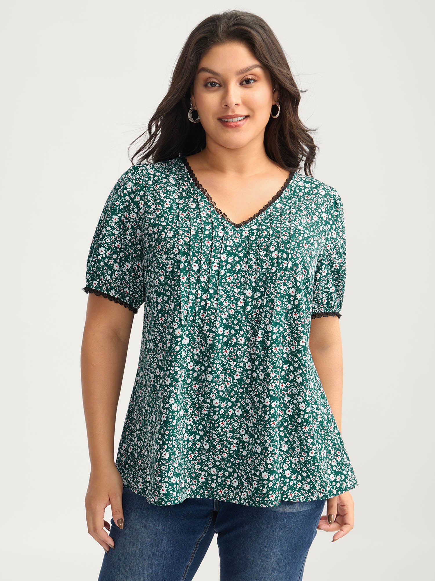 Ditsy Floral Print Lace Trim Blouse - Image 2