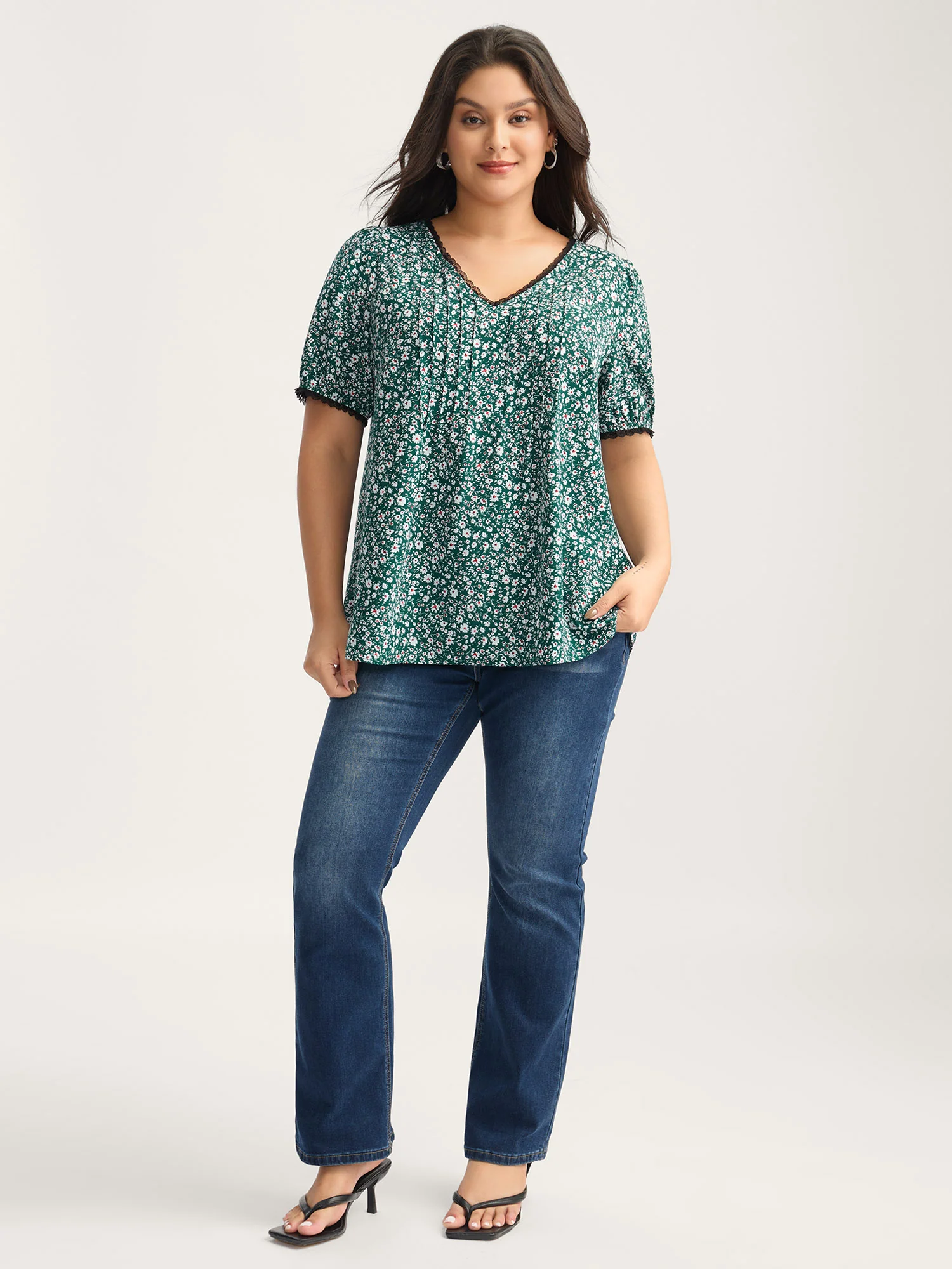 Ditsy Floral Print Lace Trim Blouse - Image 3