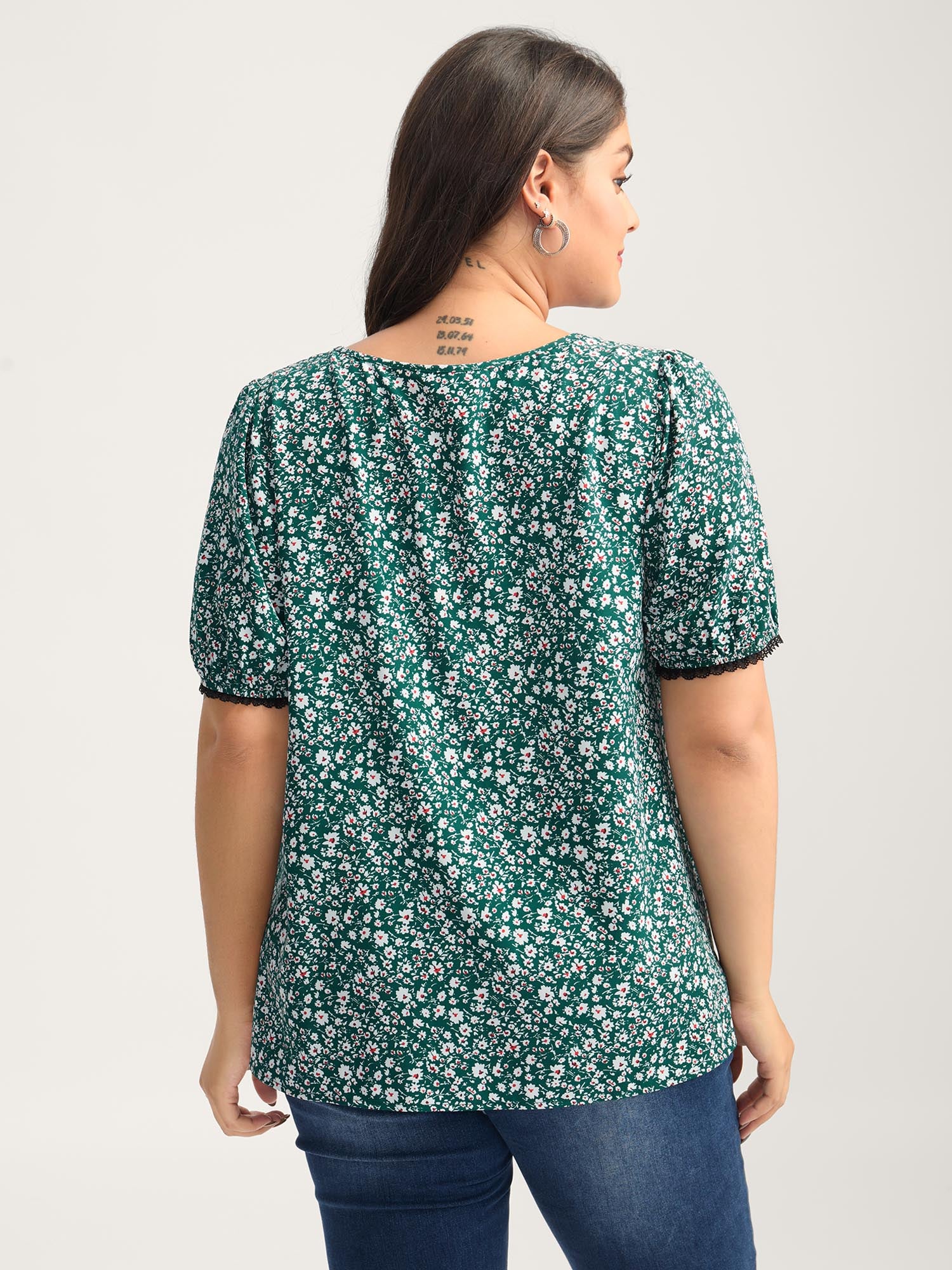 Ditsy Floral Print Lace Trim Blouse - Image 4