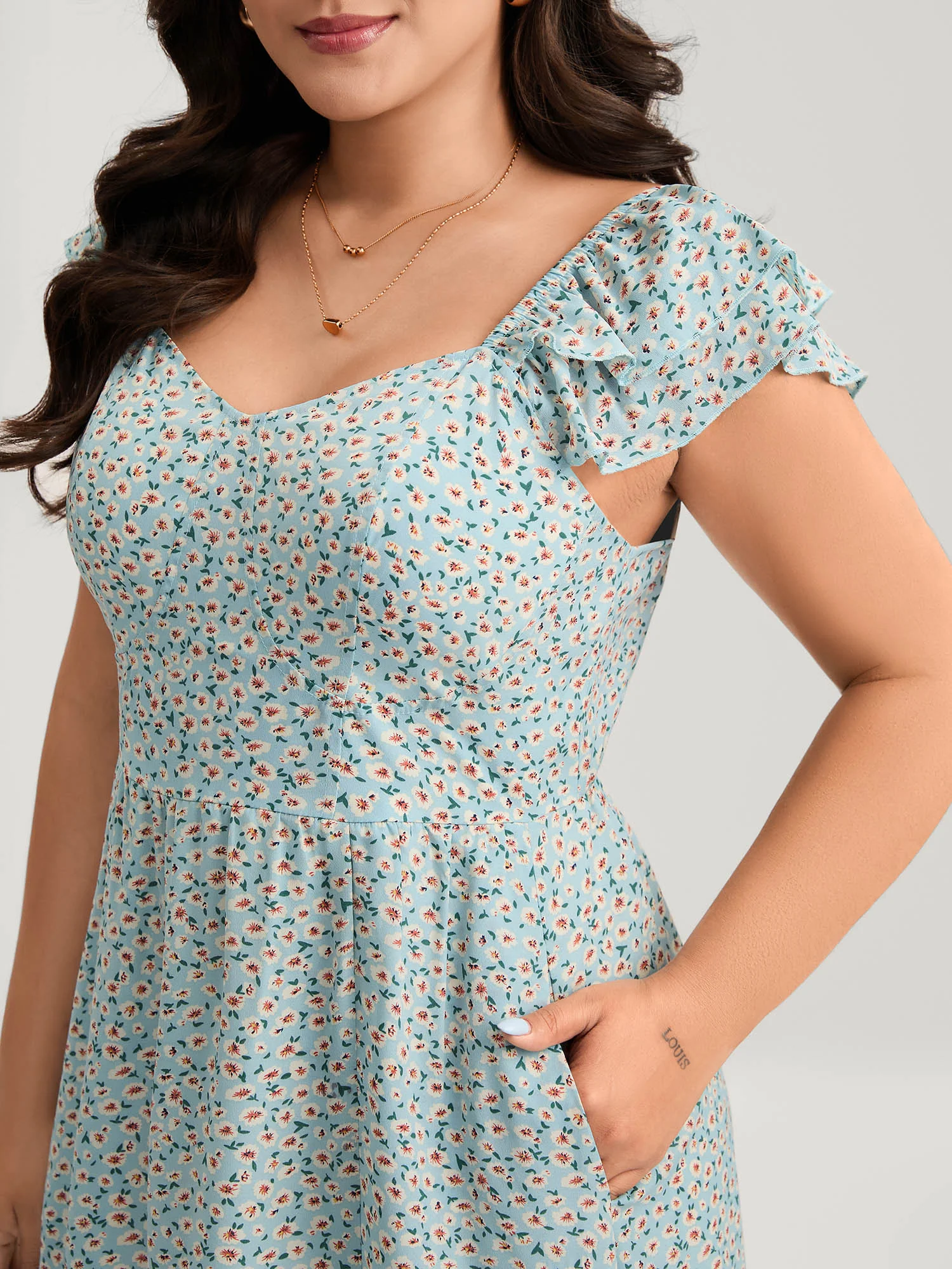Ditsy Floral Print Layered Ruffle Midi Dress - Image 2