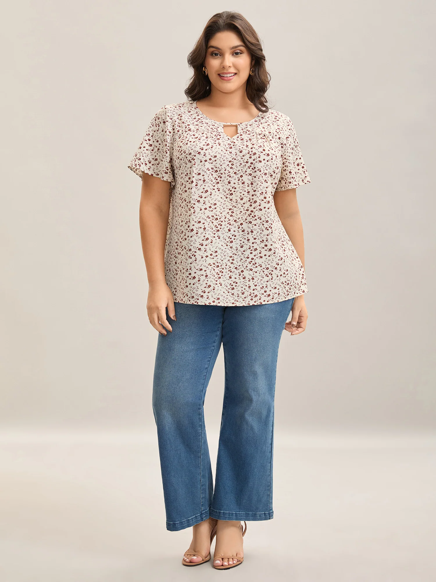 Ditsy Floral Print Lotus Leaf Sleeve Shirt - Image 3