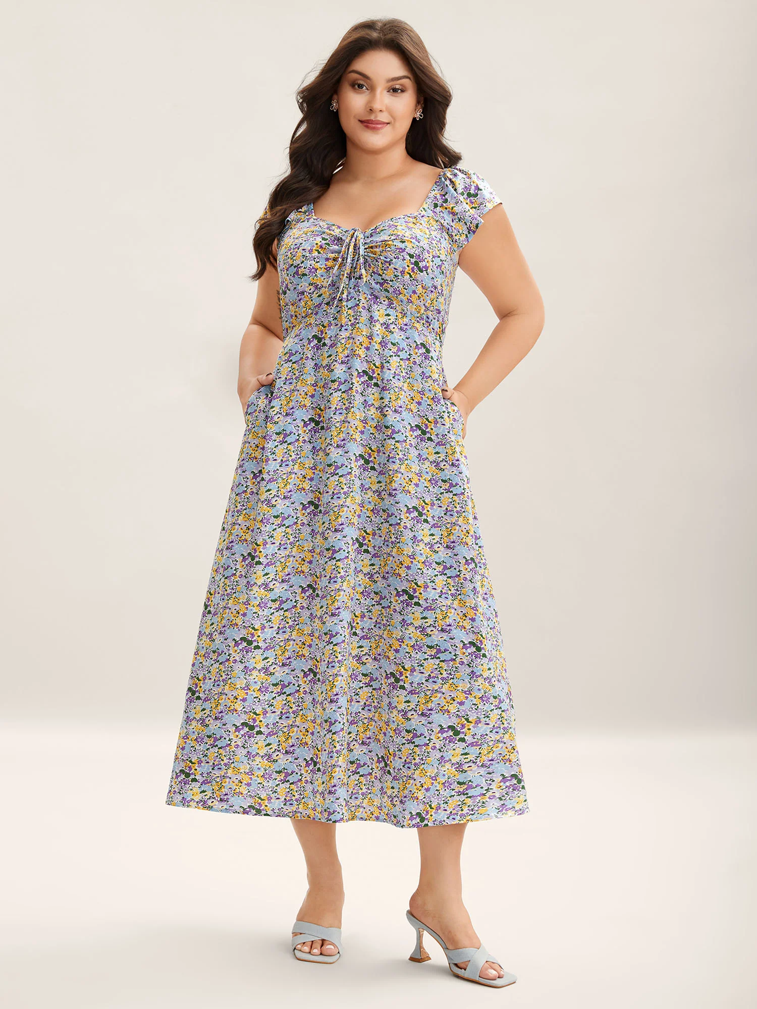 Ditsy Floral Print Neck Tie Midi Dress - Image 2