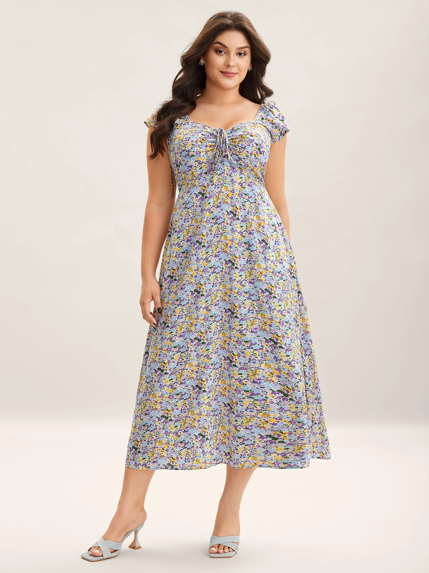 Ditsy Floral Print Neck Tie Midi Dress - Image 3