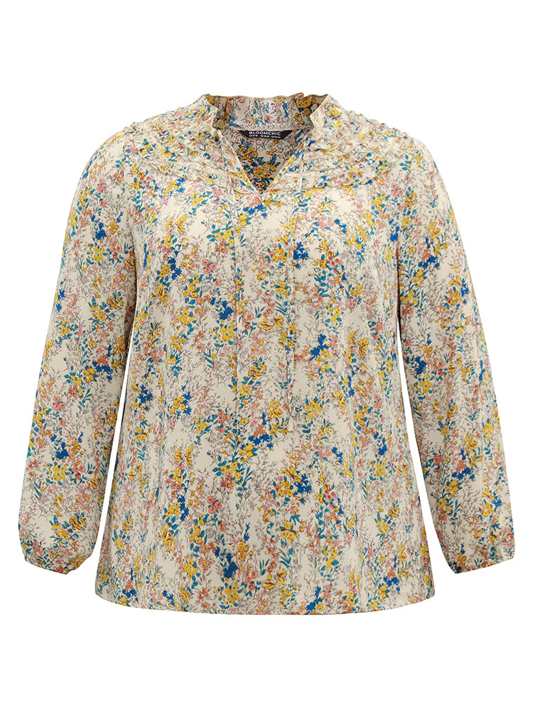 Ditsy Floral Print Notched Lantern Sleeve Blouse - Image 6