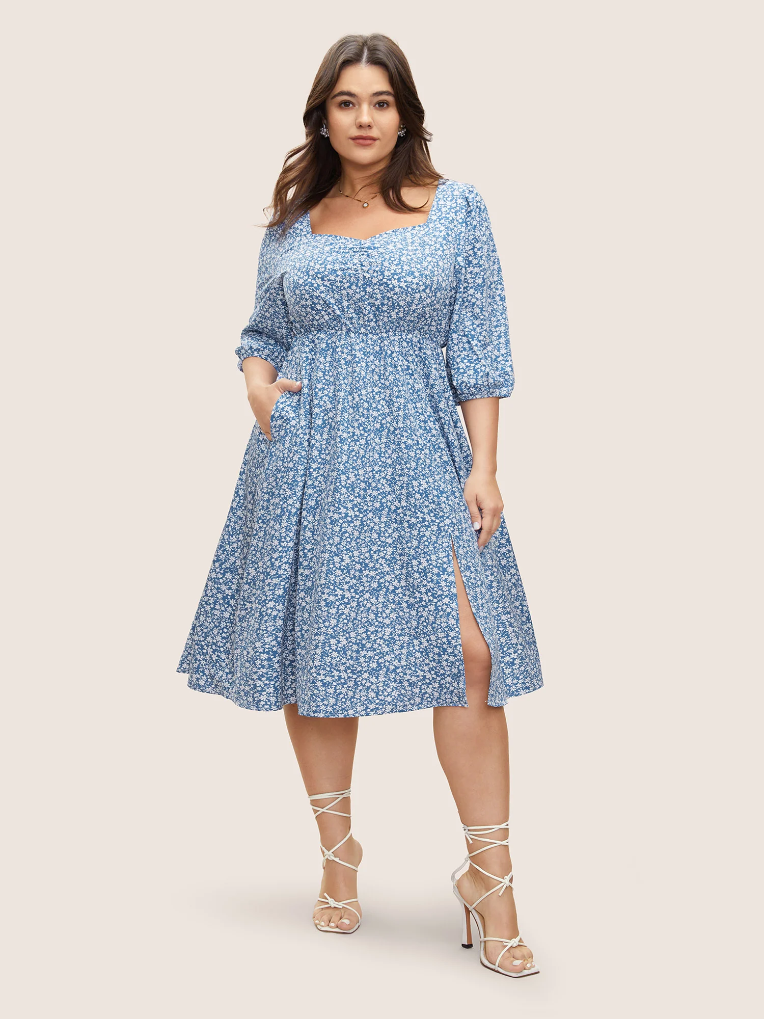 Ditsy Floral Print Square Neck Split Hem Dress - Image 2