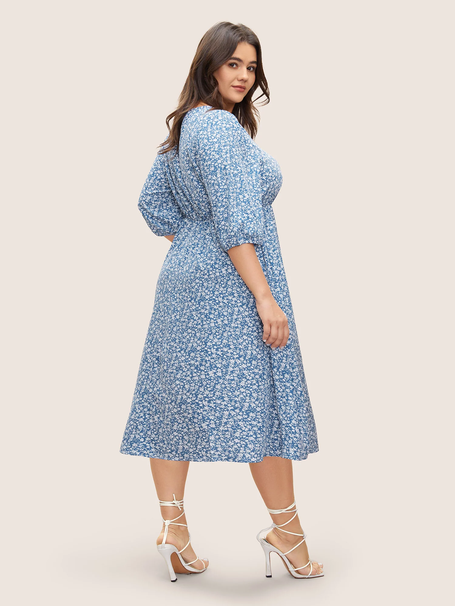Ditsy Floral Print Square Neck Split Hem Dress - Image 3