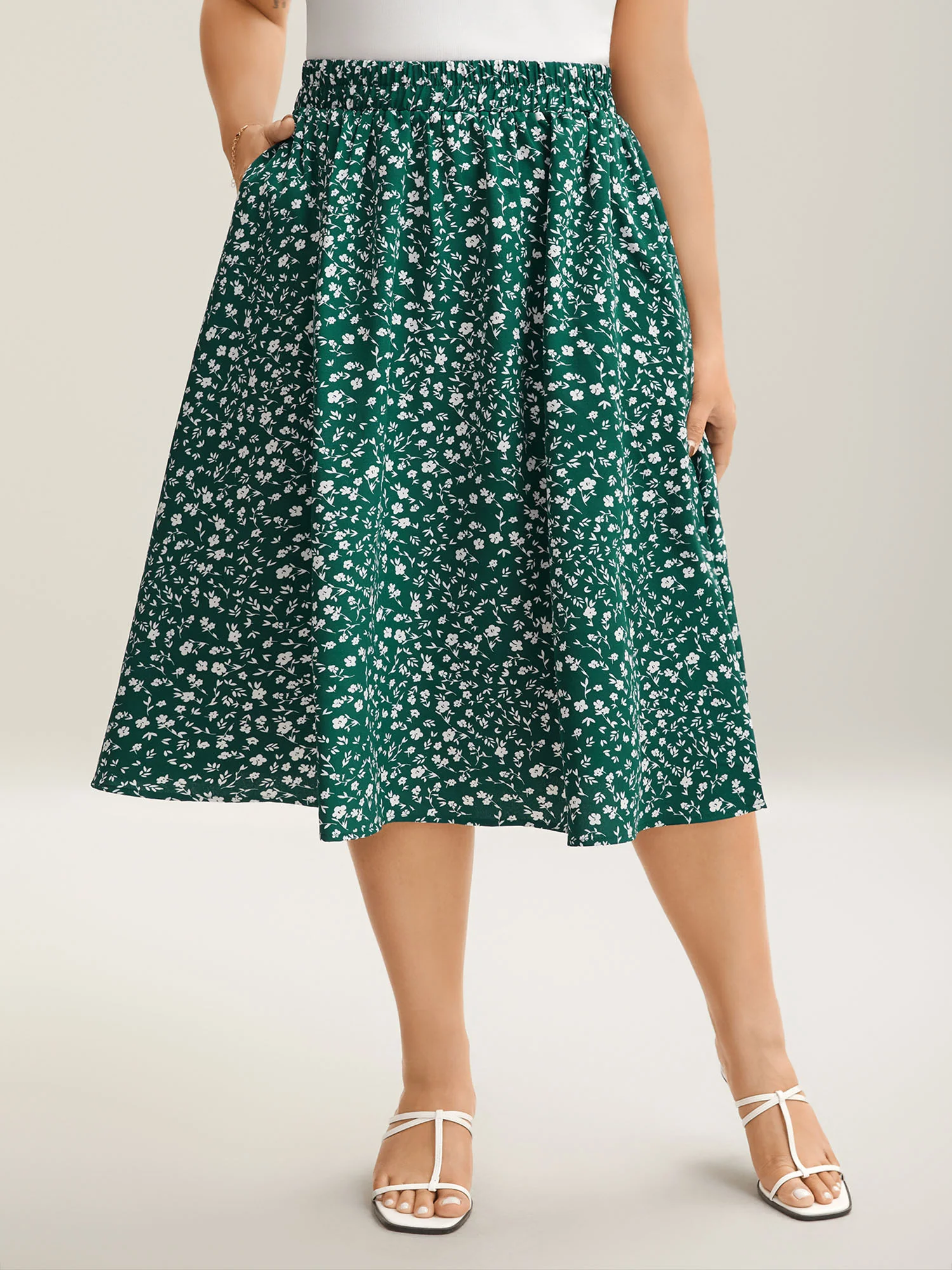 Ditsy Floral Print Stretchy Flared Midi Skirt