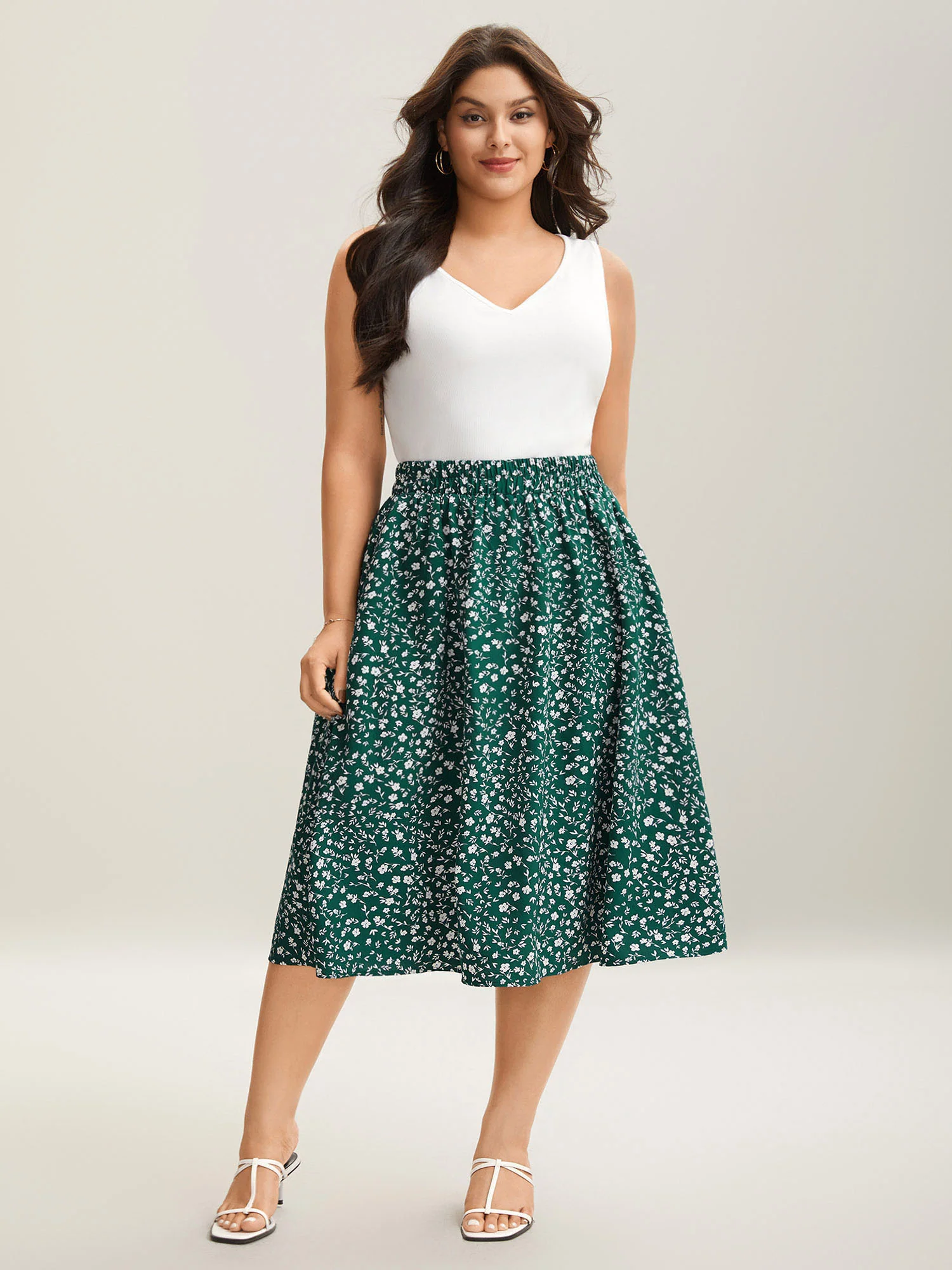 Ditsy Floral Print Stretchy Flared Midi Skirt - Image 3