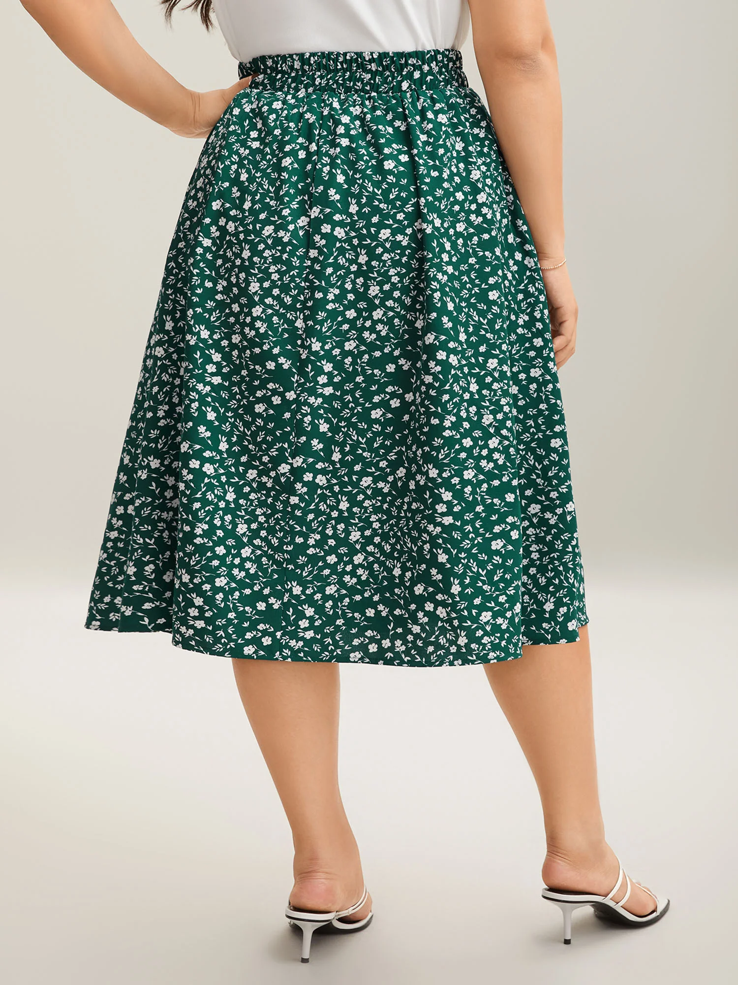 Ditsy Floral Print Stretchy Flared Midi Skirt - Image 4