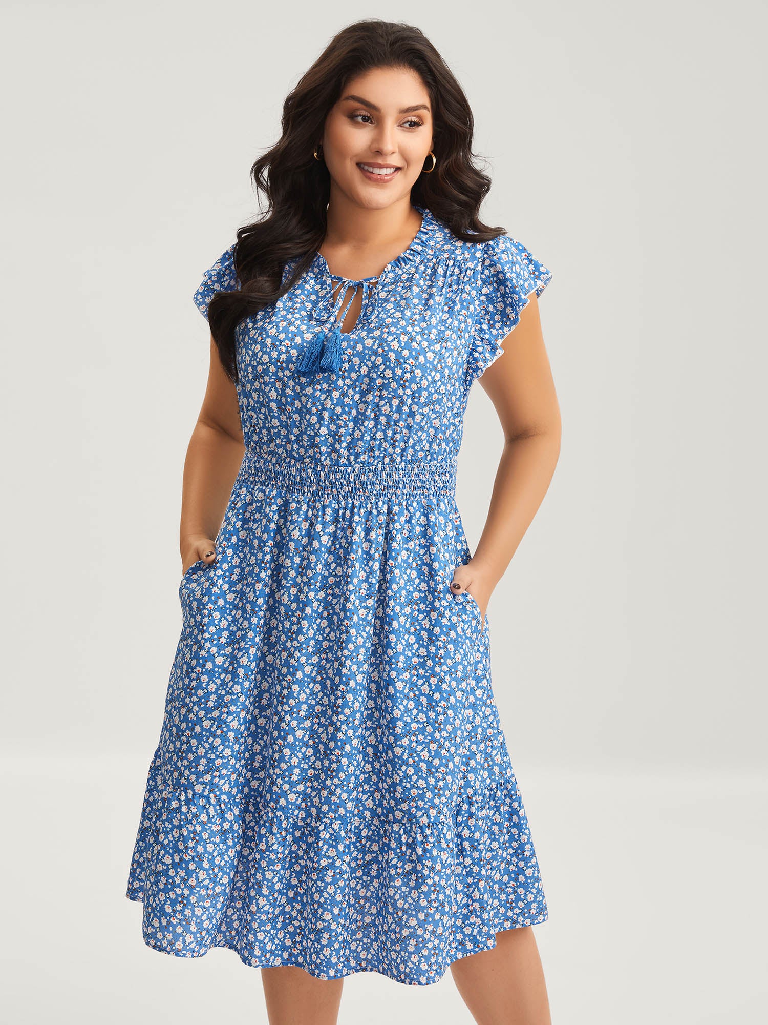 Ditsy Floral Print Stretchy Waist Midi Dress - Image 2
