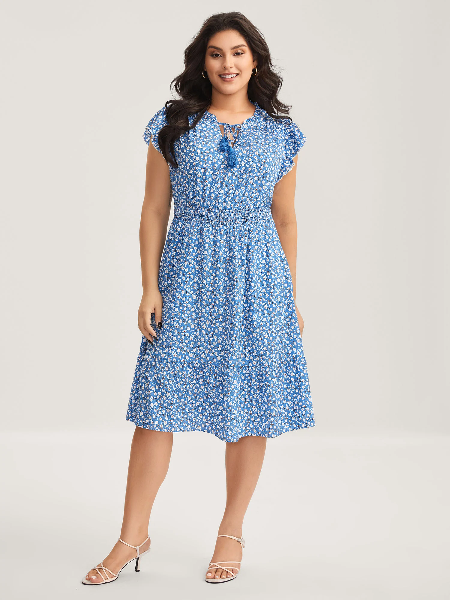Ditsy Floral Print Stretchy Waist Midi Dress - Image 4