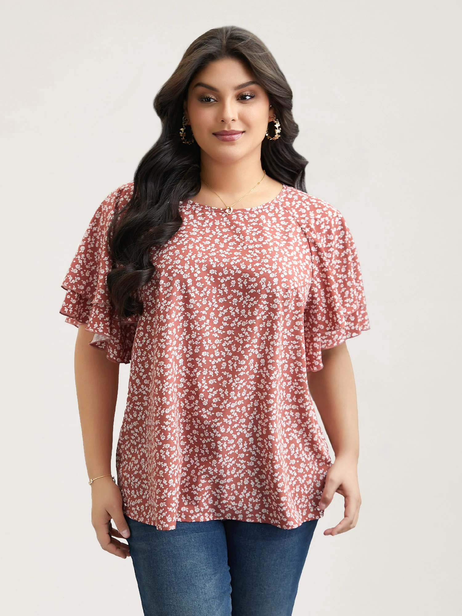 Ditsy Floral Print Tiered Lotus Leaf Sleeve Shirt - Image 2