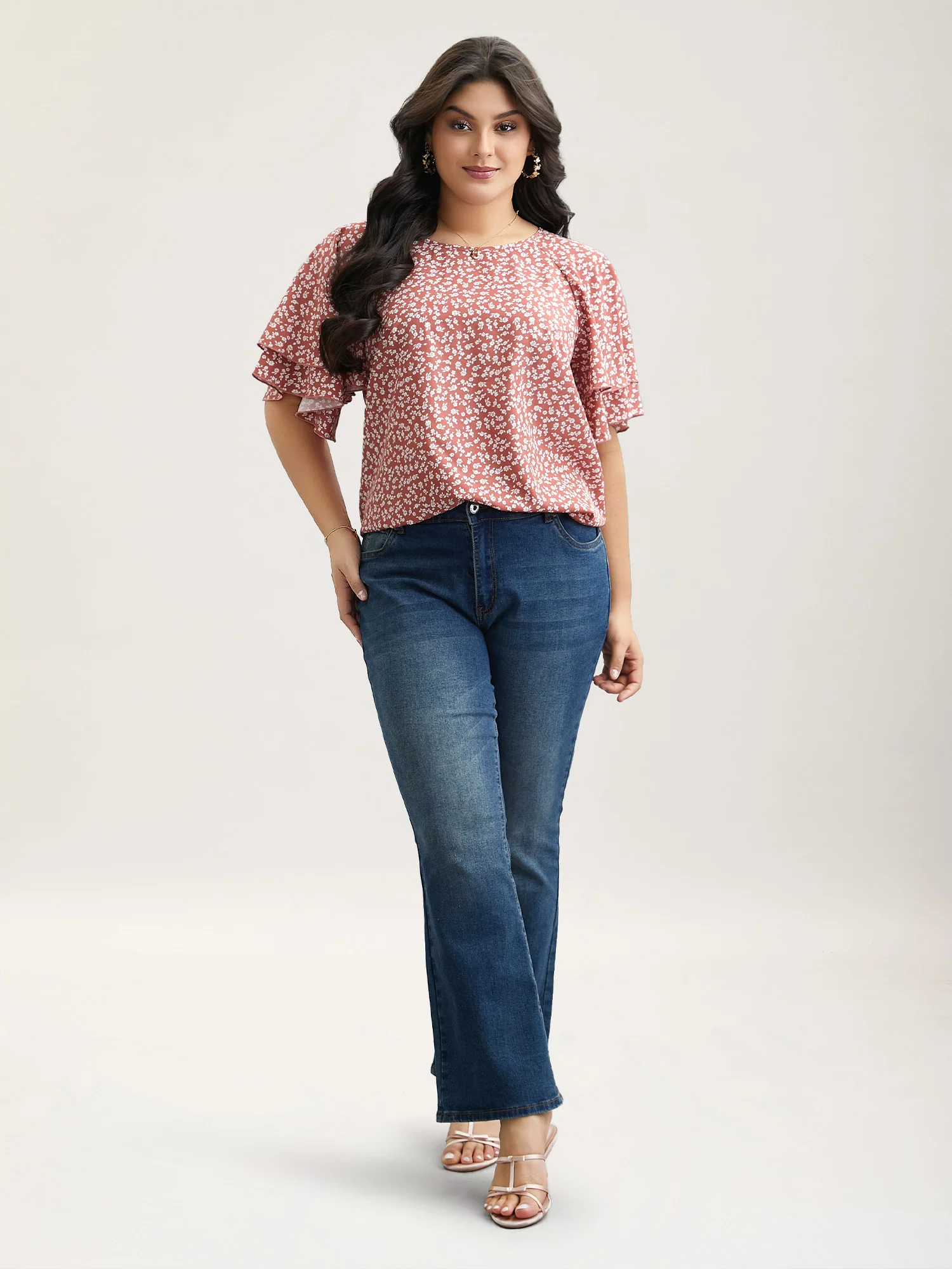 Ditsy Floral Print Tiered Lotus Leaf Sleeve Shirt - Image 3