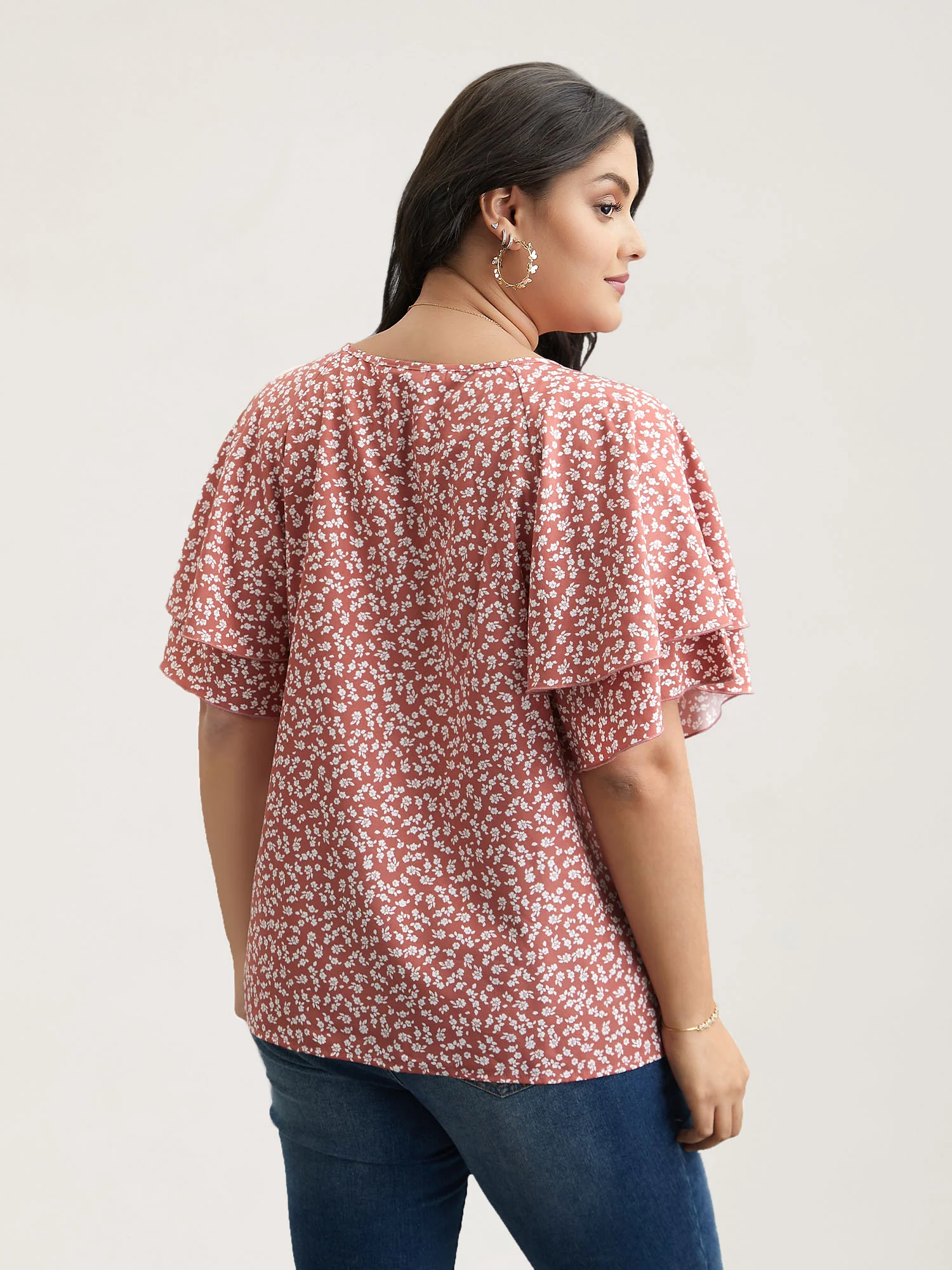 Ditsy Floral Print Tiered Lotus Leaf Sleeve Shirt - Image 4