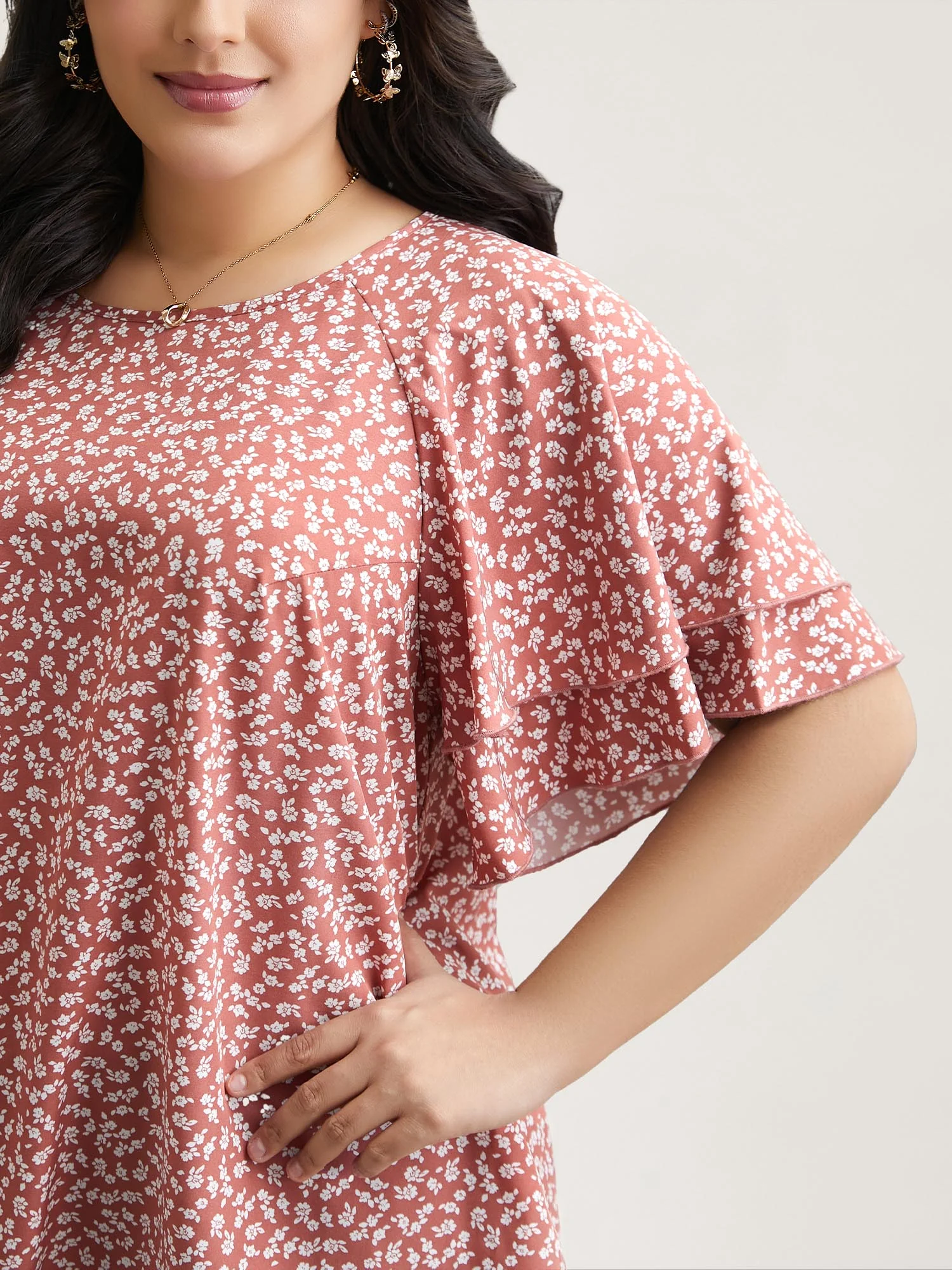 Ditsy Floral Print Tiered Lotus Leaf Sleeve Shirt - Image 5