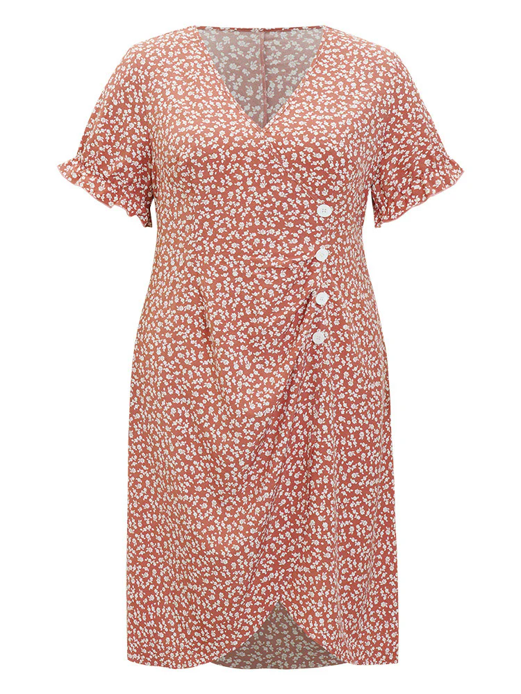 Ditsy Floral Puff Sleeve Pocket Button Ruched Wrap Dress - Image 10