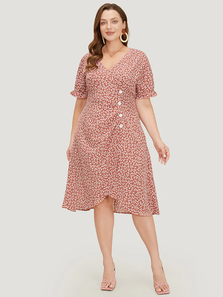 Ditsy Floral Puff Sleeve Pocket Button Ruched Wrap Dress - Image 2